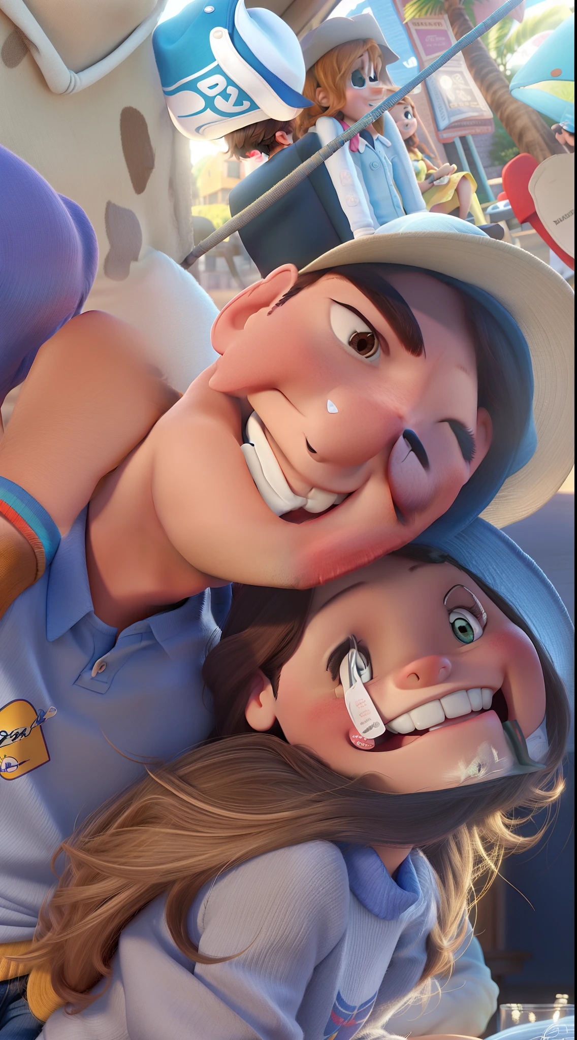 estilo poster de filme pixar, Young couple, sitting on a chair on the beach smiling and hugging, both are them with hats