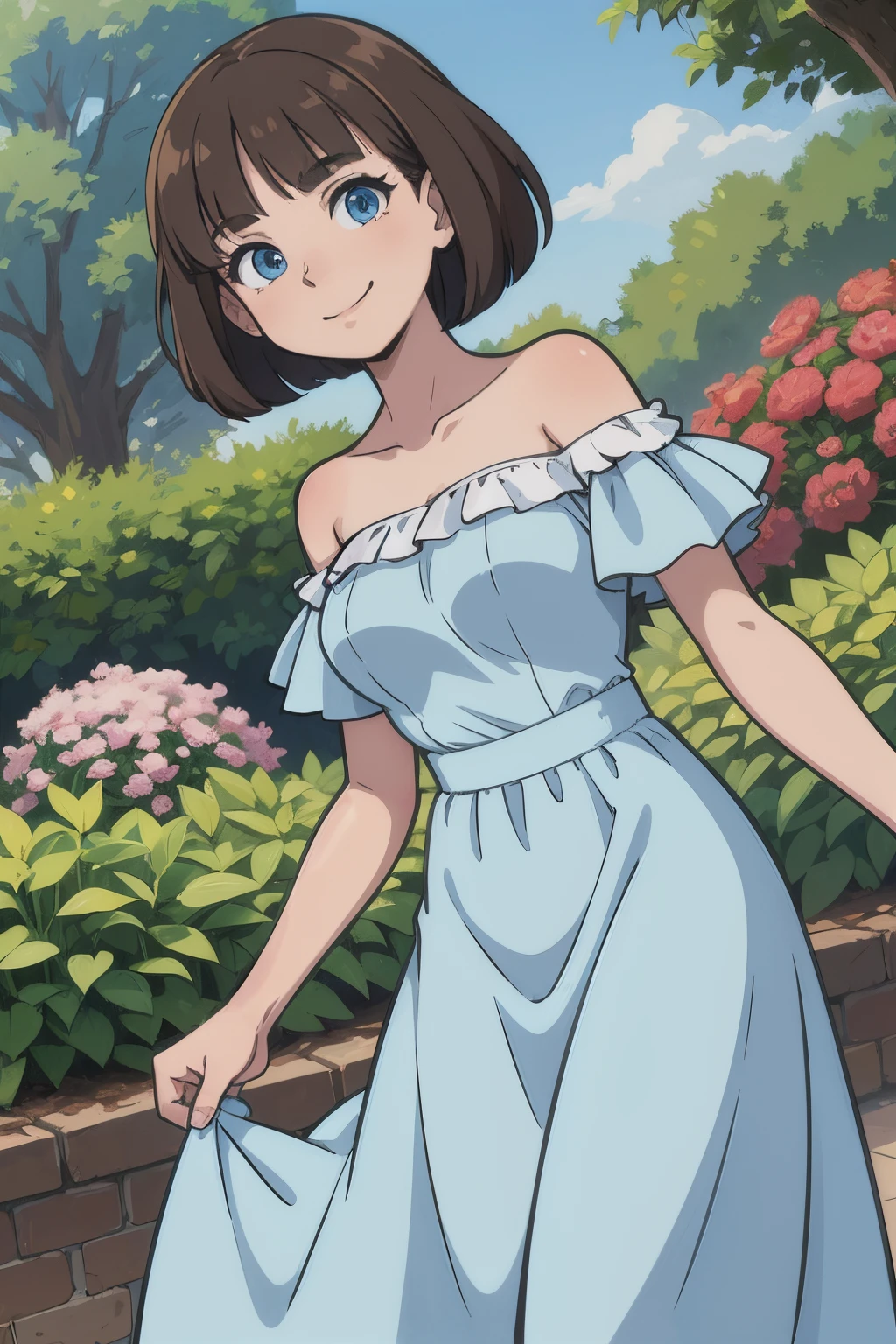 Bianca, brown hair, bob cut, medium hair, blue eyes, soft skin, smile, Light Blue Dress, Strapless Light Blue Dress, Ruffle Off-the-Shoulder Top, Off-the-Shoulder Dress, Long Skirt, anime, masterpiece, best illustration, 2d, very high resolution, 1girl, garden.