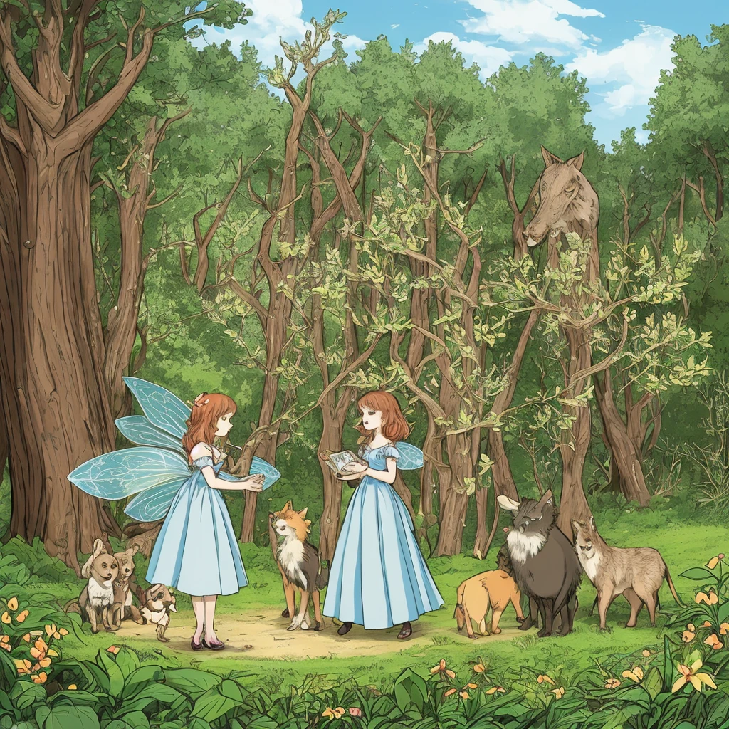 "Illustration for a fairy tale about a girl, standing in the woods, who knows how to talk to animals"