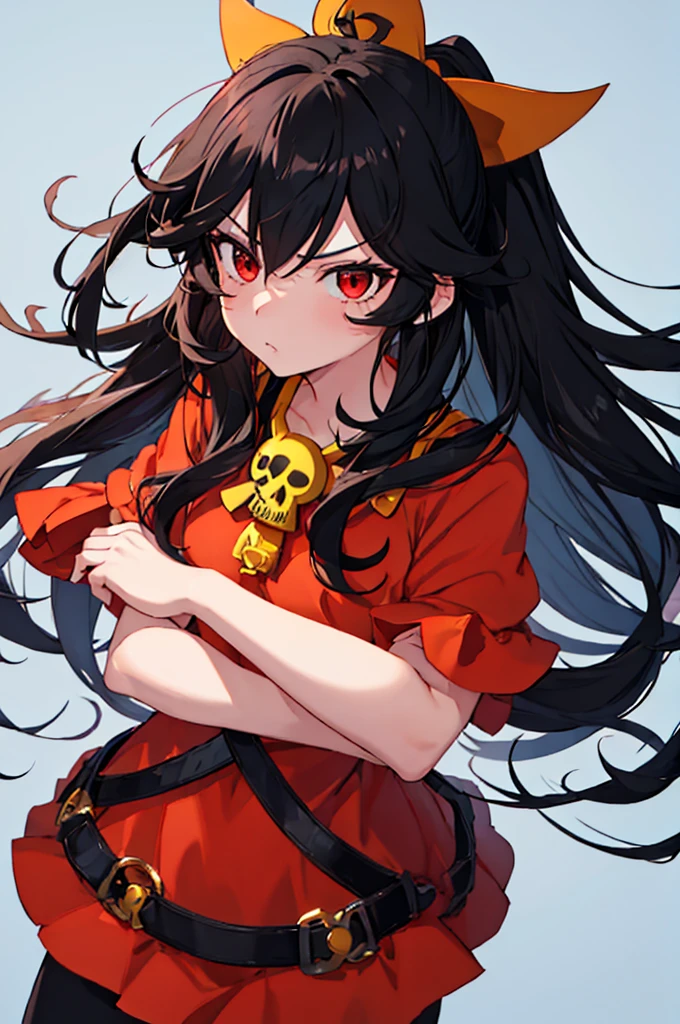 1girl in, Solo, ashley (WarioWare), Twin-tailed, skull, Orange Hair Band, Red Eyes, Black hair, Big hair, Long hair, pantyhose, Red dress, angry, Simple background, Looking at Viewer, face to the viewer, From above, (Best Quality), (Detailed), Soft shadows, depth of fields, Illustration, Colorful, 4K,Embarrassed
