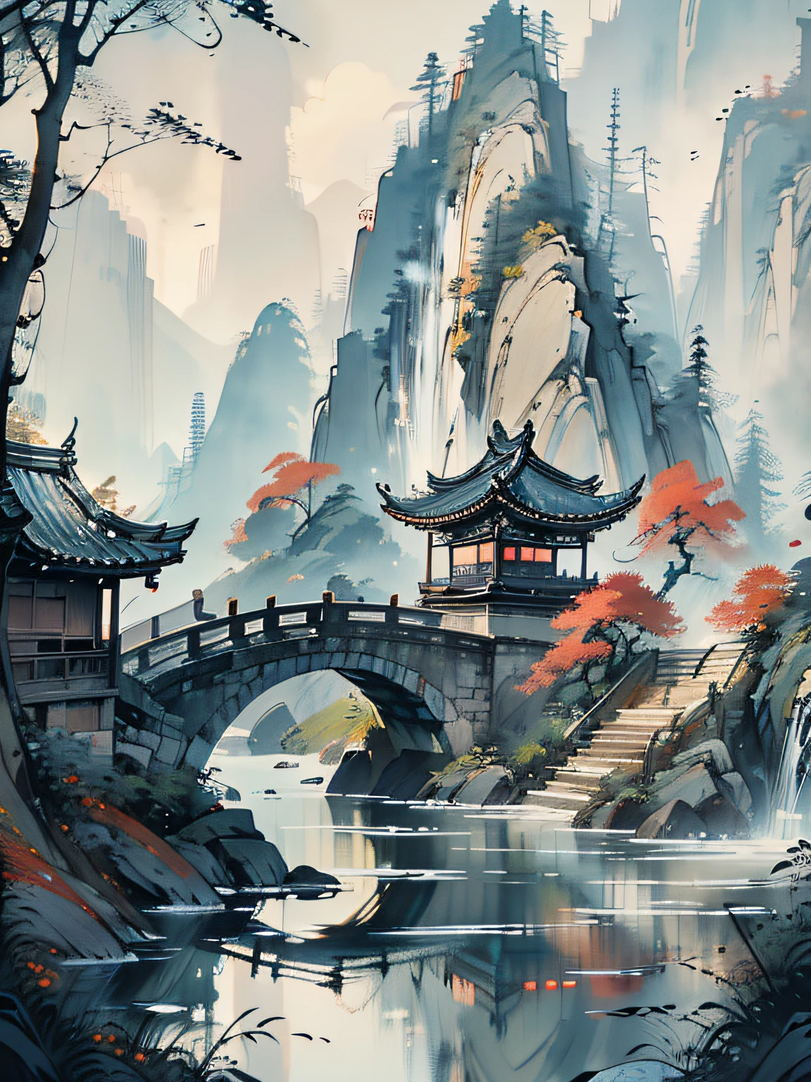 （Best masterpiece）， 8K，（ancient Chinese painting Style），（Shoot from a distance），The camera glides over the bamboo forest，Revealing the secret of an ancient Chinese garden built on a mountain，Several traditional Chinese buildings are scattered throughout the landscape，Includes alpine waterfalls、Gazebo on a cliff in the distance、creek bridge pond、Lush trees，The foliage is dense，Natural light looks particularly beautiful against the blue sky and clouds，Create beautiful sounds，The pattering raindrops fall quietly