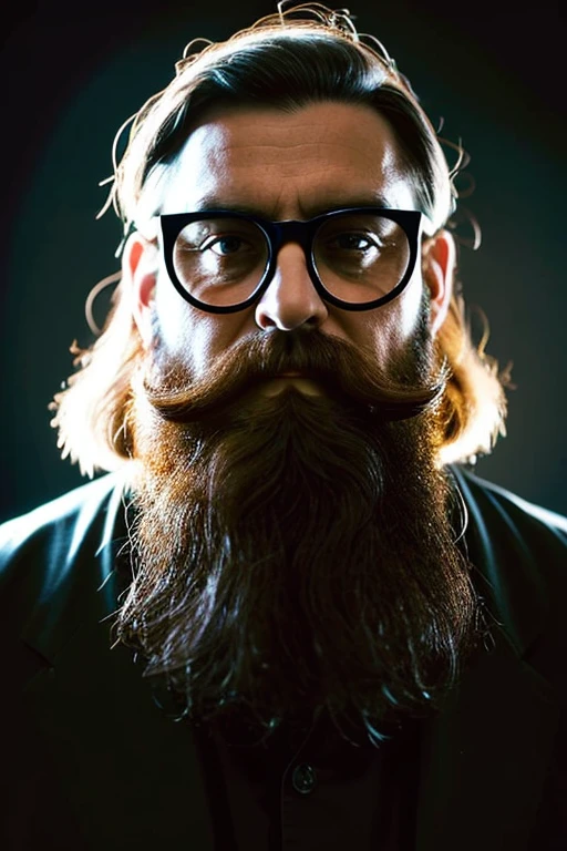 Smart adult standing in front of you, With ultra-technical glasses, big beard, White hairs on the beard and hair, illuminated by the light of a lamp, Against the background of computer code in the form of a matrix