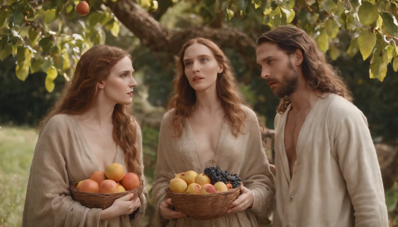 Adam and eve in the Garden of Eden dressed in animals cloths, standing under a tree and eating the fruit