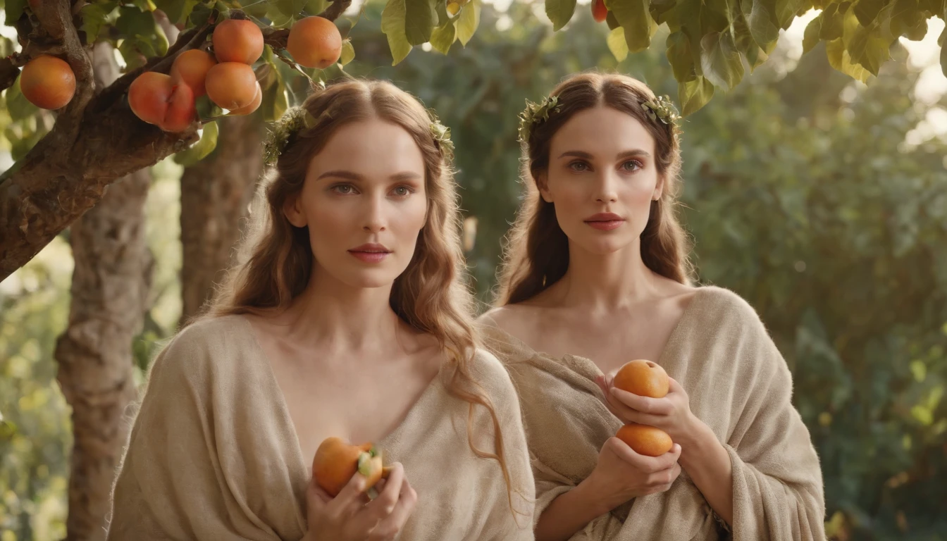 Adam and eve in the Garden of Eden dressed in animals cloths, standing under a tall tree with awesome fruits