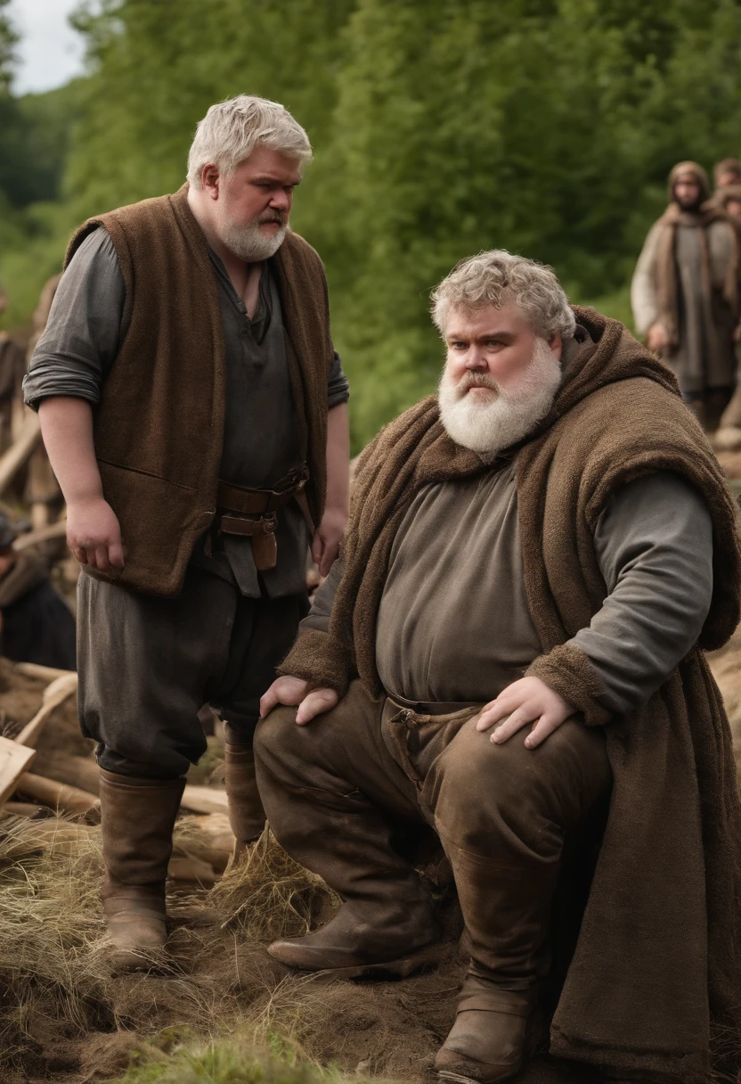 A photo of Hodor and Bran Stark helping villagers rebuild their homes after a devastating storm,Game of Thrones,Hodor, a beloved character from “Game of Thrones,” is notable for his towering height and robust build, giving him a gentle giant appearance. He has a simple, kind face, often marked by a look of confusion or contentment, and his clothing is typically plain and functional, suited to his role as a stable boy. , male