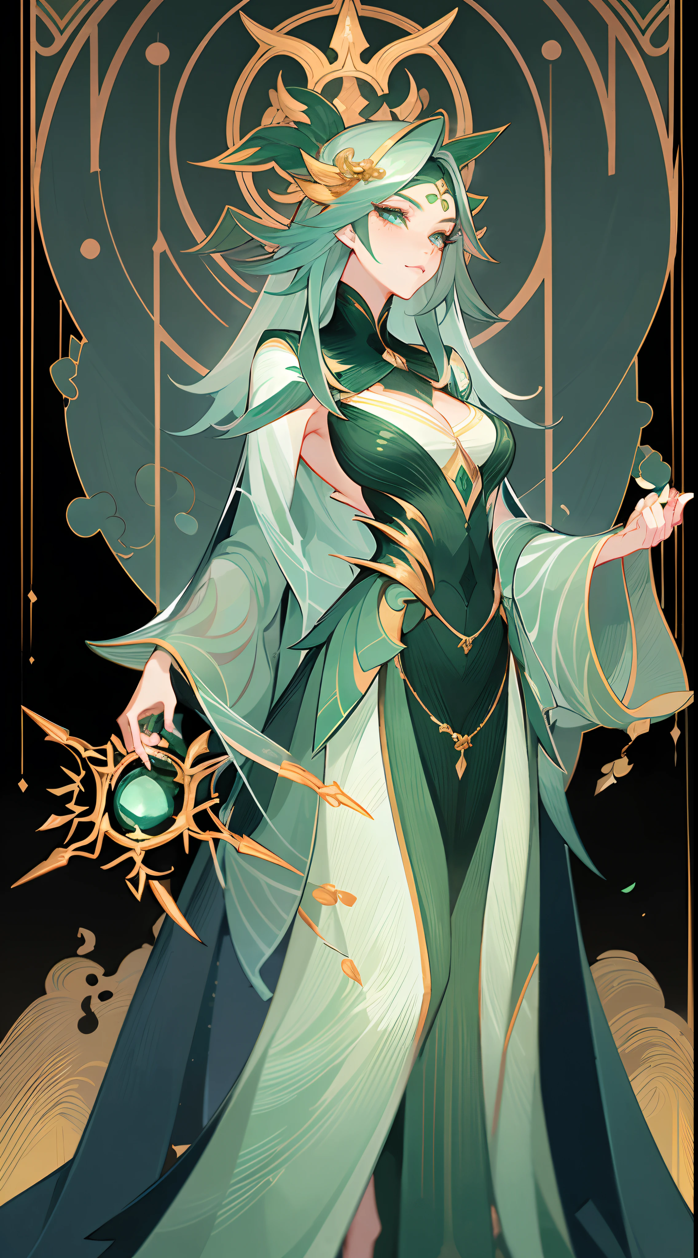 1 Beautiful woman，A Necromancer，green outfit，standing full-body，独奏，Clear facial features，(tmasterpiece，top-quality，Best quality，超高分辨率，Clear facial features，beautidful eyes，beauitful face)