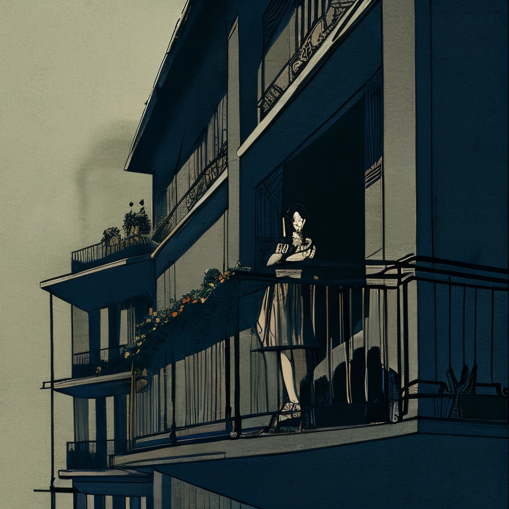 stylish、Dark atmosphere、Emo、building balcony、Beautiful woman illustration