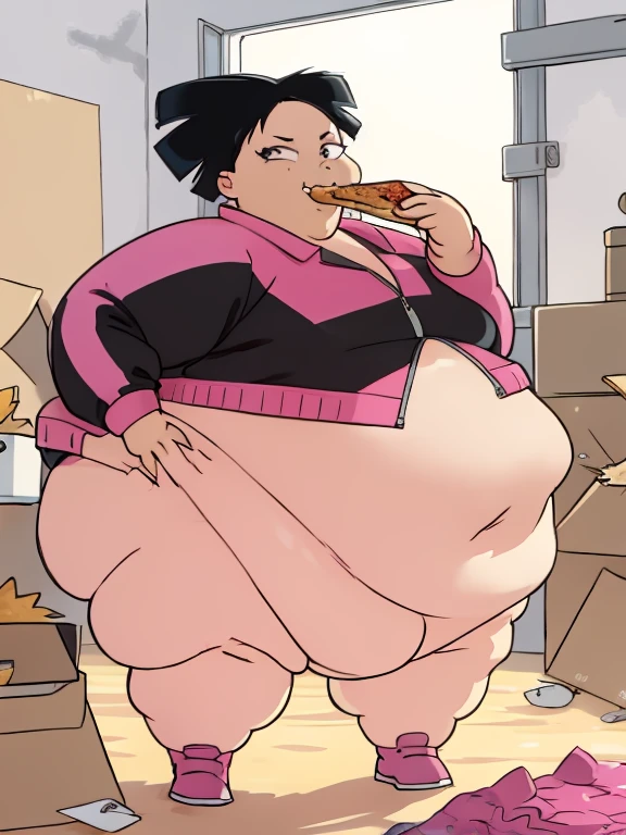 ((masterpiece, Highest Quality)), obese amy wong, black hair, wearing a pink track suit, visible navel, black eyes, farting, fat arms, fat belly, fat neck, big and fat face, big cheeks, extra thick thighs
standing, hands on hips, looking at viewer, smiling, sexy pose, fart, asian girl
indoors, empty warehouse, brick walls, eating pizza
extremely detailed, bounce lighting, clean ambiance, HDR,