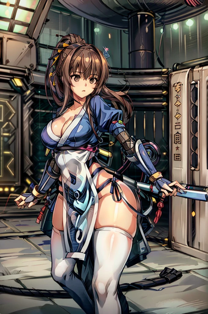 (masterpiece, best quality:1.3)
KasumiDOA, 1girl, solo, long hair, breasts, looking at viewer, bangs, large breasts, brown hair, thighhighs, dress, ribbon, cleavage, brown eyes, medium breasts, underwear, standing, panties, hair ribbon, braid, short sleeves, cowboy shot, japanese clothes, puffy sleeves, white thighhighs, puffy short sleeves, lips, sash, pelvic curtain, yellow ribbon, realistic, nose, arm guards, kote,hypnoLora,
empty eyes,Upright Pose,(Inside a futuristic and complex operational command center:1.6)