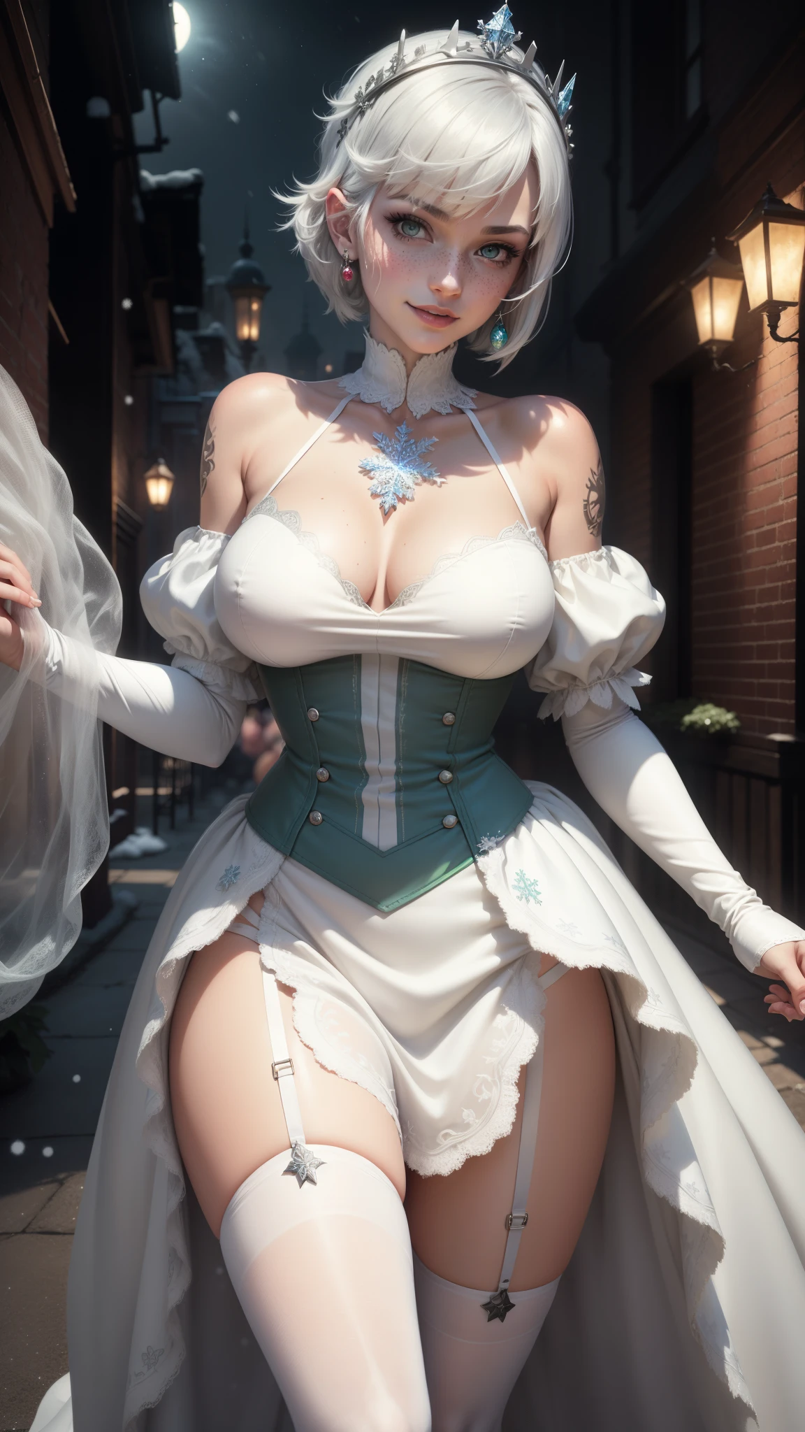 gwen tennyson,1girl,tracer,y'shtola rhul,yorha 2b,rebecca chambers,nier automata,atelier ryza,close up,christmas village,tattoos,white plugsuit,striped short sleeve crystal leotard,silver embroidery long white snowflake gown dress,red embroidery christmas corset,garter belt,striped panties,short hair,princess makeup,green glowing eyes,multicolored silver hair,sexy smile,freckles,beautiful girl,large breasts,white stockings,8k,ultra detailed,realistic,fantasy art,crystal armor,fur armor,princess dress,long dress train,silver snowflake crown,ear piercings,candy canes,christmas hand and neck jewelry,walking,(weather:snowflakes falling),