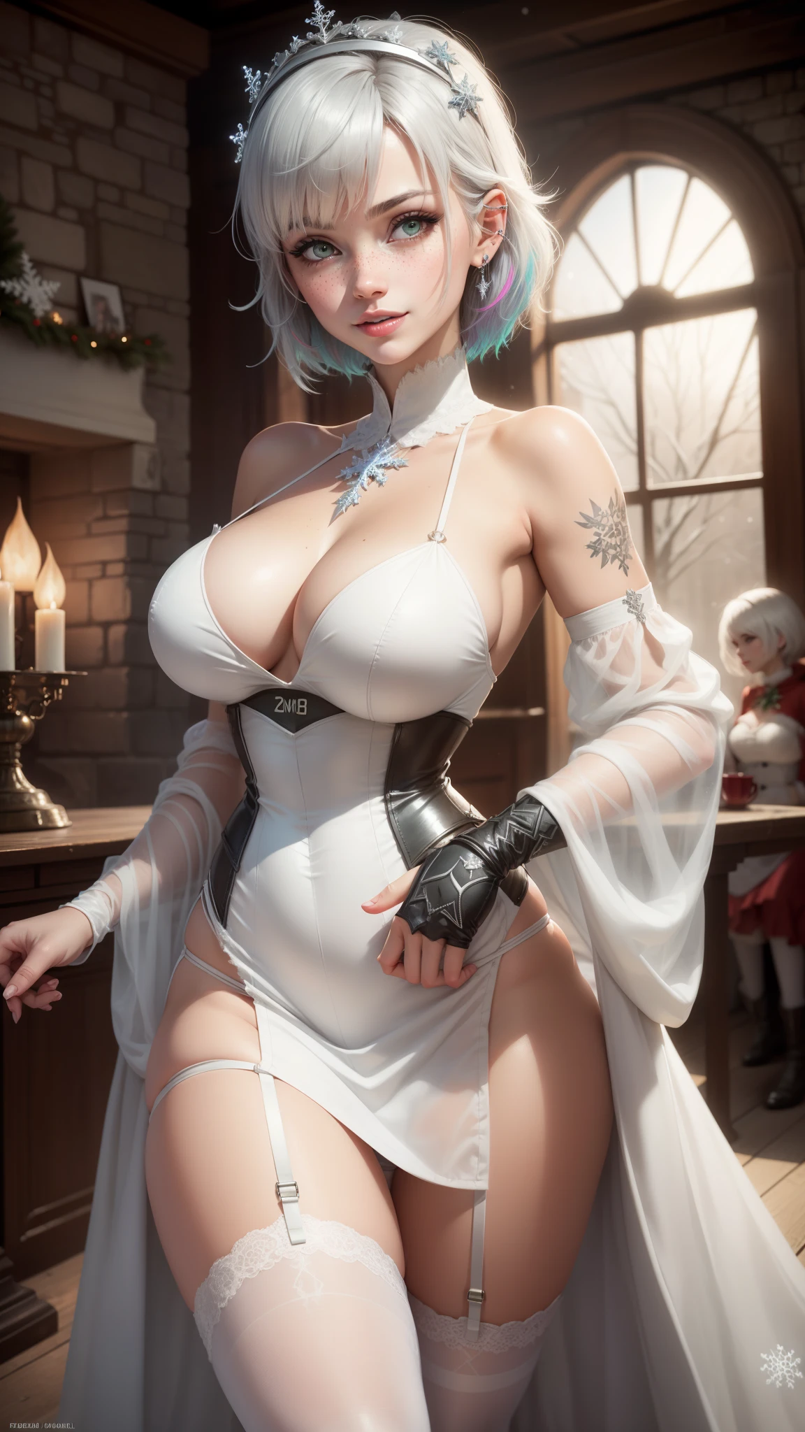 gwen tennyson,1girl,tracer,y'shtola rhul,yorha 2b,rebecca chambers,nier automata,atelier ryza,close up,christmas village,tattoos,white plugsuit,striped short sleeve crystal leotard,silver embroidery long white snowflake gown dress,red embroidery christmas corset,garter belt,striped panties,short hair,princess makeup,green glowing eyes,multicolored silver hair,sexy smile,freckles,beautiful girl,large breasts,white stockings,8k,ultra detailed,realistic,fantasy art,crystal armor,fur armor,princess dress,long dress train,silver snowflake crown,ear piercings,candy canes,christmas hand and neck jewelry,walking,(weather:snowflakes falling),