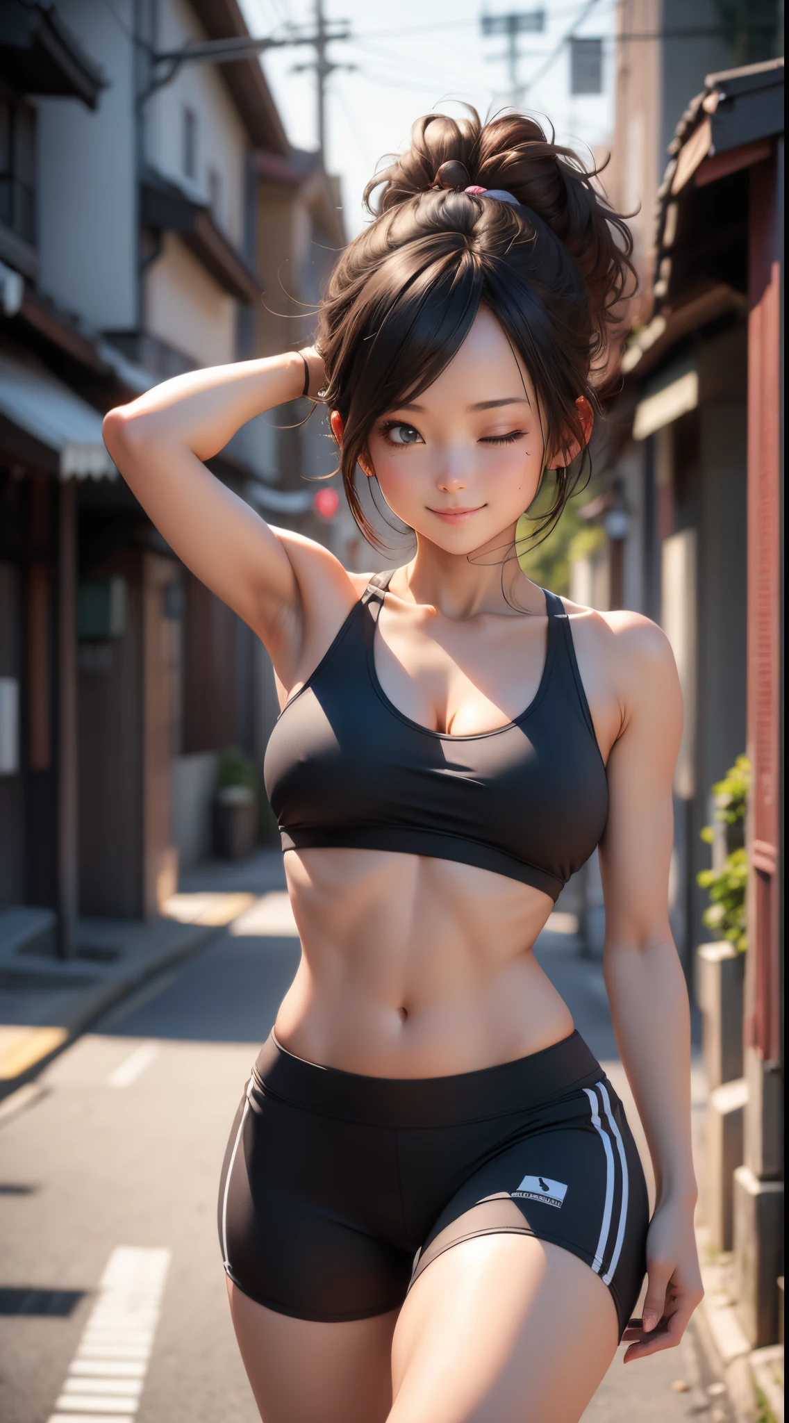 (masterpiece), top quality, high detail, natural lighting, expressive eyes, dark hair, sports bra, yoga shorts, running, night, empty Japanese streets, (one eye closed), smile, from behind, sagging breasts, big breasts,