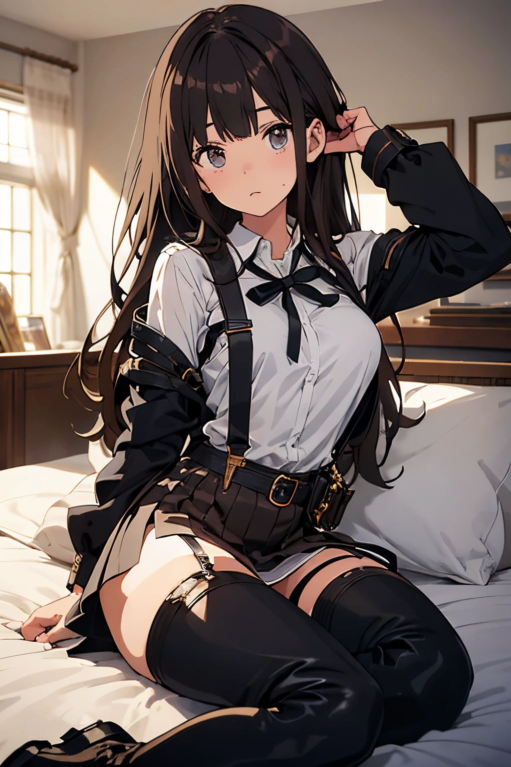 (masterpiece, best quality), 1 beautiful girl, cat ears, Smile, slim, (Uniforms:1.1), (Detailed beautiful eyes), paw mittens, bedroom, Spread your legs indoors,Expose the vagina,No cover, no underwear, no underwear