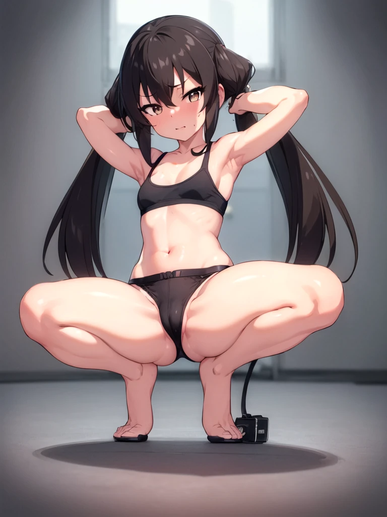 masterpiece, best quality, highres, Matoba Risa, 1girl, solo, busty, small breasts, black hair, twintail , sport bra, short skirt, looking at viewer, full body, standing, simple background, (erotic pose:1.4), blush, flustered, (Crotch panties exposed:1.3), ((arms behind head, double armpits, crouching down, half-squat, Open the crotch before:1.3)), Half body, upper body, In the middle, symmetrical,