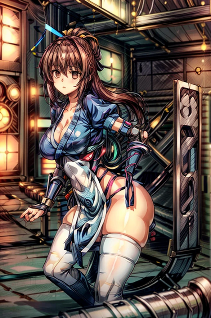(masterpiece, best quality:1.3)
KasumiDOA, 1girl, solo, long hair, breasts, looking at viewer, bangs, large breasts, brown hair, thighhighs, dress, ribbon, cleavage, brown eyes, medium breasts, underwear, standing, panties, hair ribbon, braid, short sleeves, cowboy shot, japanese clothes, puffy sleeves, white thighhighs, puffy short sleeves, lips, sash, pelvic curtain, yellow ribbon, realistic, nose, arm guards, kote,hypnoLora,
empty eyes,Upright Pose,(Inside a futuristic and complex operational command center:1.6)