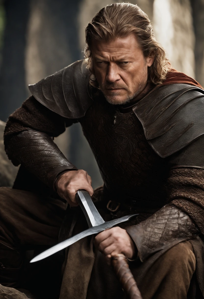 A photo of Ned painstakingly sharpening his sword with a focused expression,Game of Thrones TV series,Ned is an older man with light brown hair streaked with grey, wears plain leather tunics, famously portrayed by Sean Bean, male