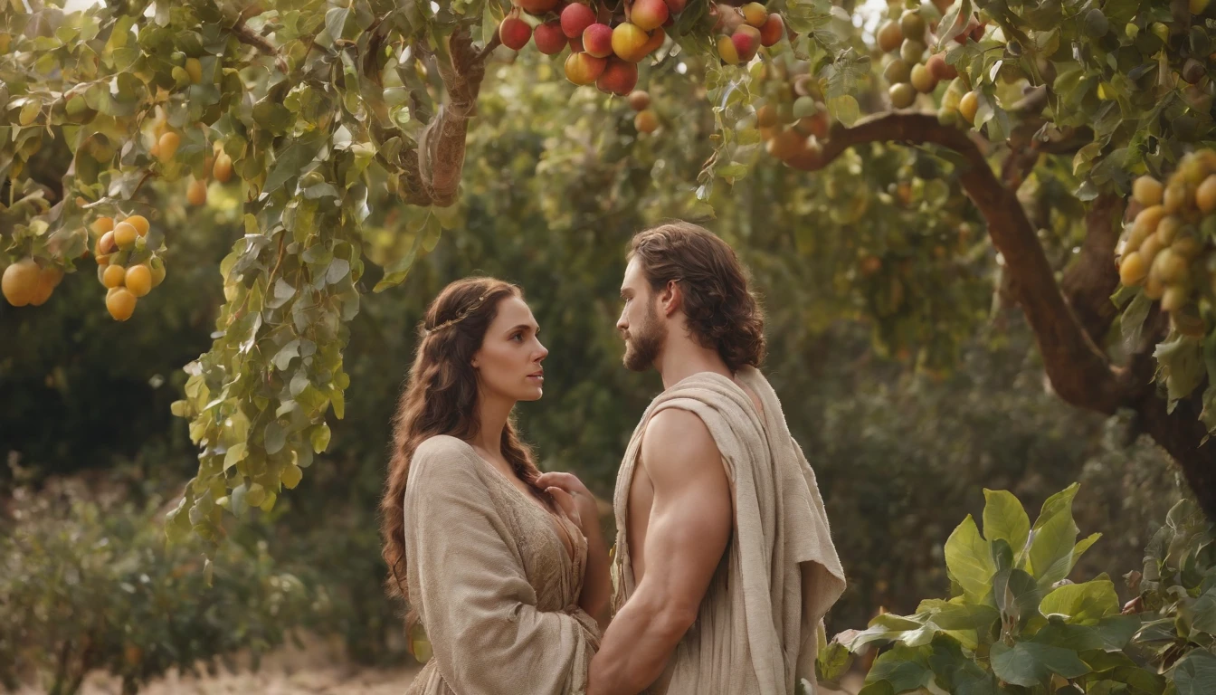 Adam and eve in the Garden of Eden dressed in animals cloths, standing under a tree and eating the fruit