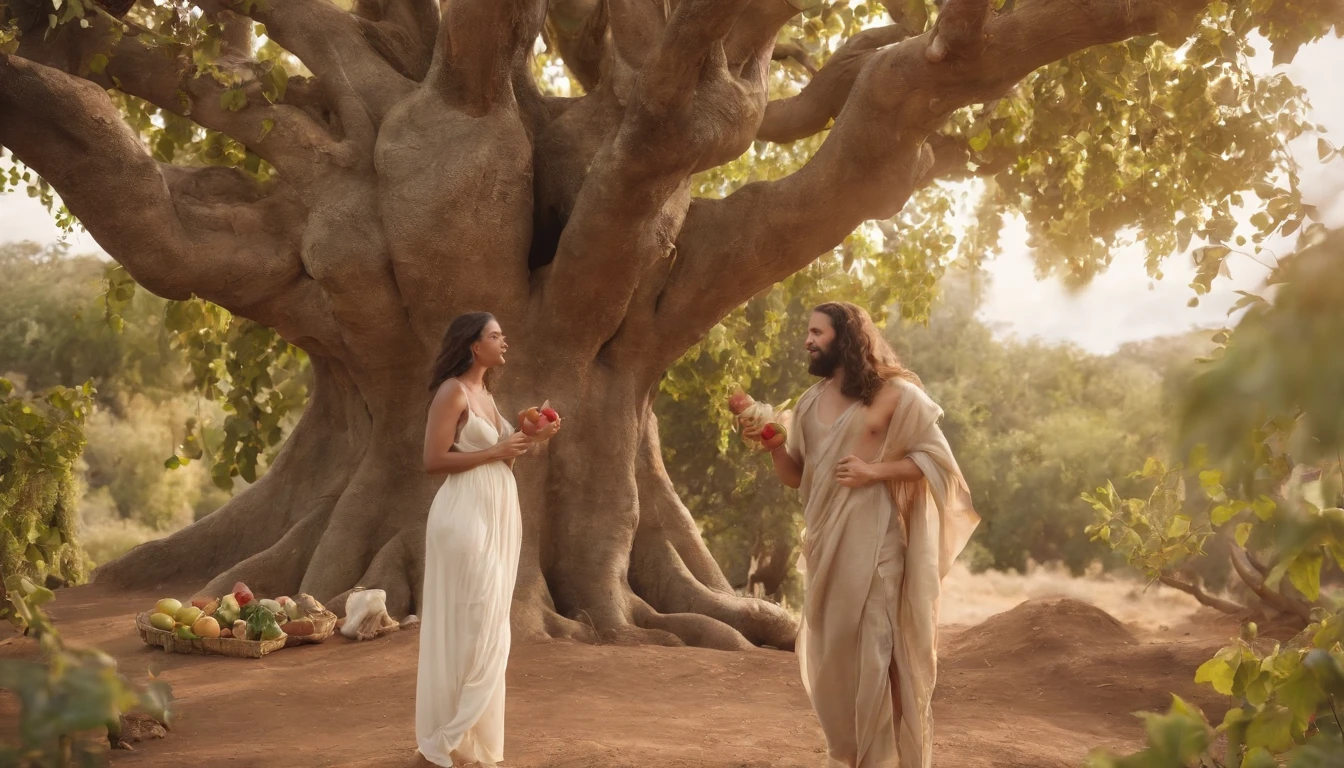 Adam and eve in the Garden of Eden dressed in animals cloths, standing under a big tall tree and eating the fruit.