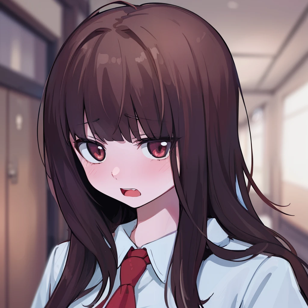 hiquality, tmasterpiece (one girls) opened mouth. loser. brown-hair. brown eye. Embarrassed face. pale skin. school uniform with red tie. Against the background of the school corridor.