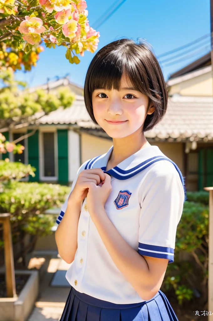 Japan Girl, Short hair, Black hair, Junior high school girl, Idol, School Campus, Teen, Baby face, cute school uniform, girl with(13 years old),Traditional architecture of Japan, kawaii, (Bright and warm color palette:1.1), Natural lighting, Soft shadows, DELICATE DETAILS, (High resolution:1.2), Joyful expression, Friendship, zora々Energies、