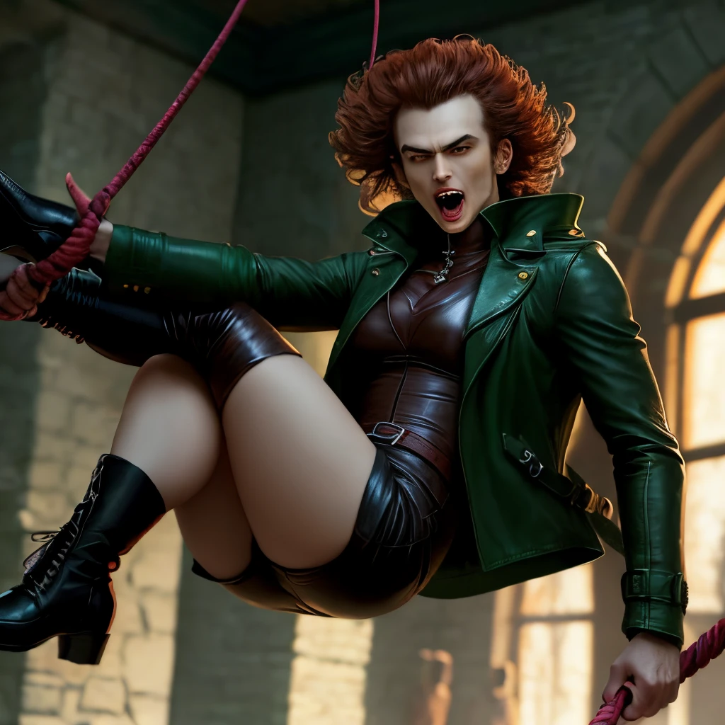 Vampire hunter in a green leather coat swinging a bullwhip