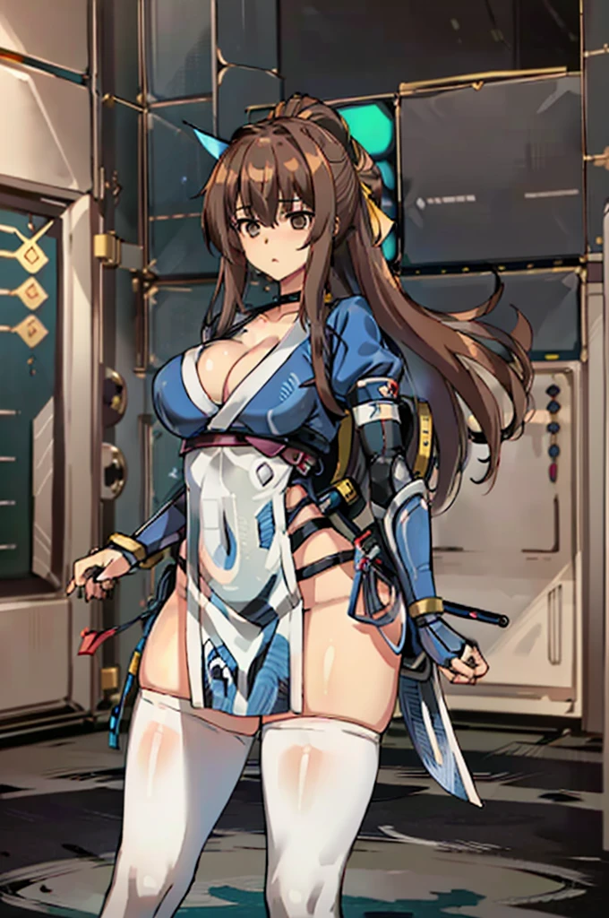 (masterpiece, best quality:1.3)
KasumiDOA, 1girl, solo, long hair, breasts, looking at viewer, bangs, large breasts, brown hair, thighhighs, dress, ribbon, cleavage, brown eyes, medium breasts, underwear, standing, panties, hair ribbon, braid, short sleeves, cowboy shot, japanese clothes, puffy sleeves, white thighhighs, puffy short sleeves, lips, sash, pelvic curtain, yellow ribbon, realistic, nose, arm guards, kote,hypnoLora,
empty eyes,Upright Pose,(Inside a futuristic and complex operational command center:1.6)