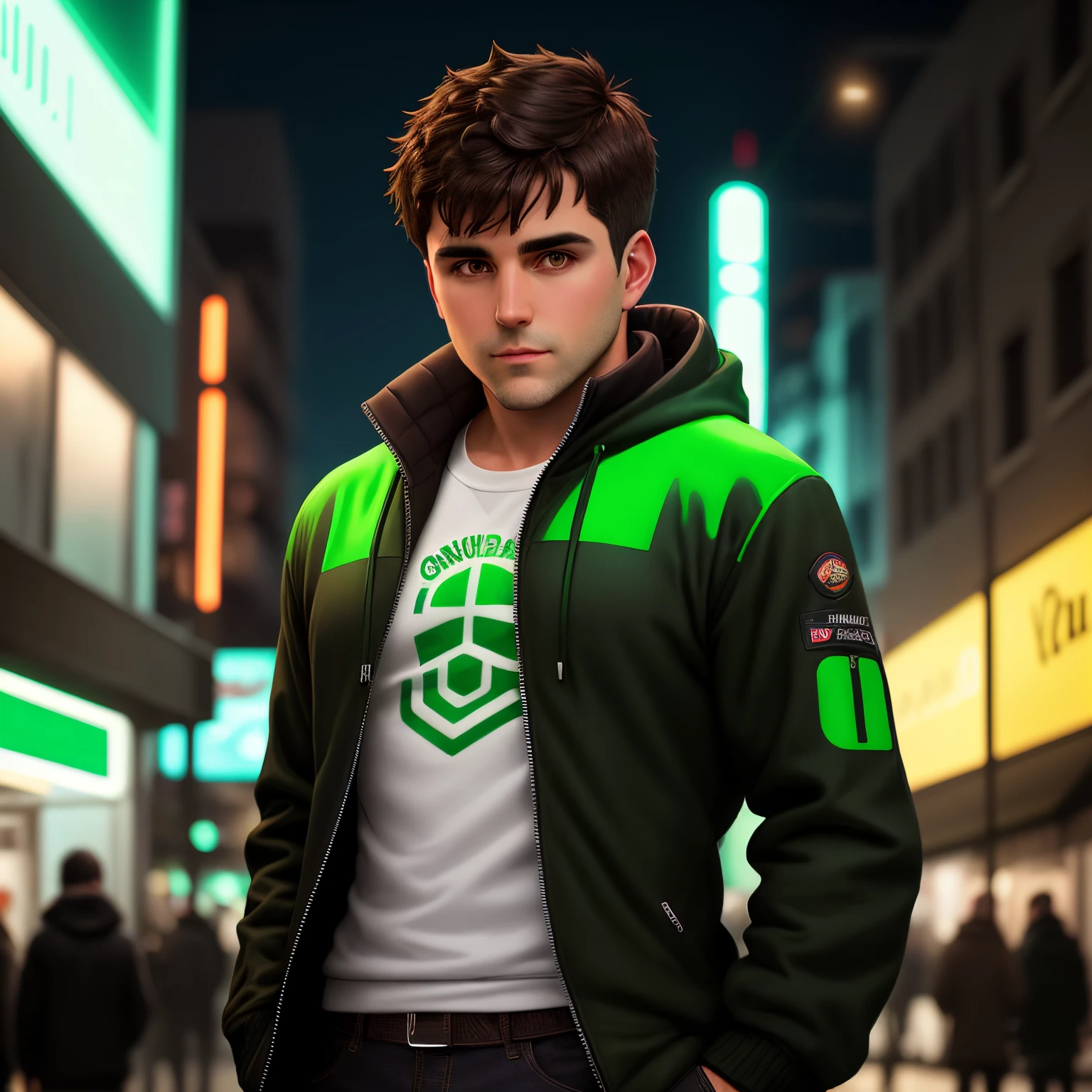 Adult man with short dark brown hair, sudadera negra con detalles verdes, in a city with green neon lights with fictional animated style
