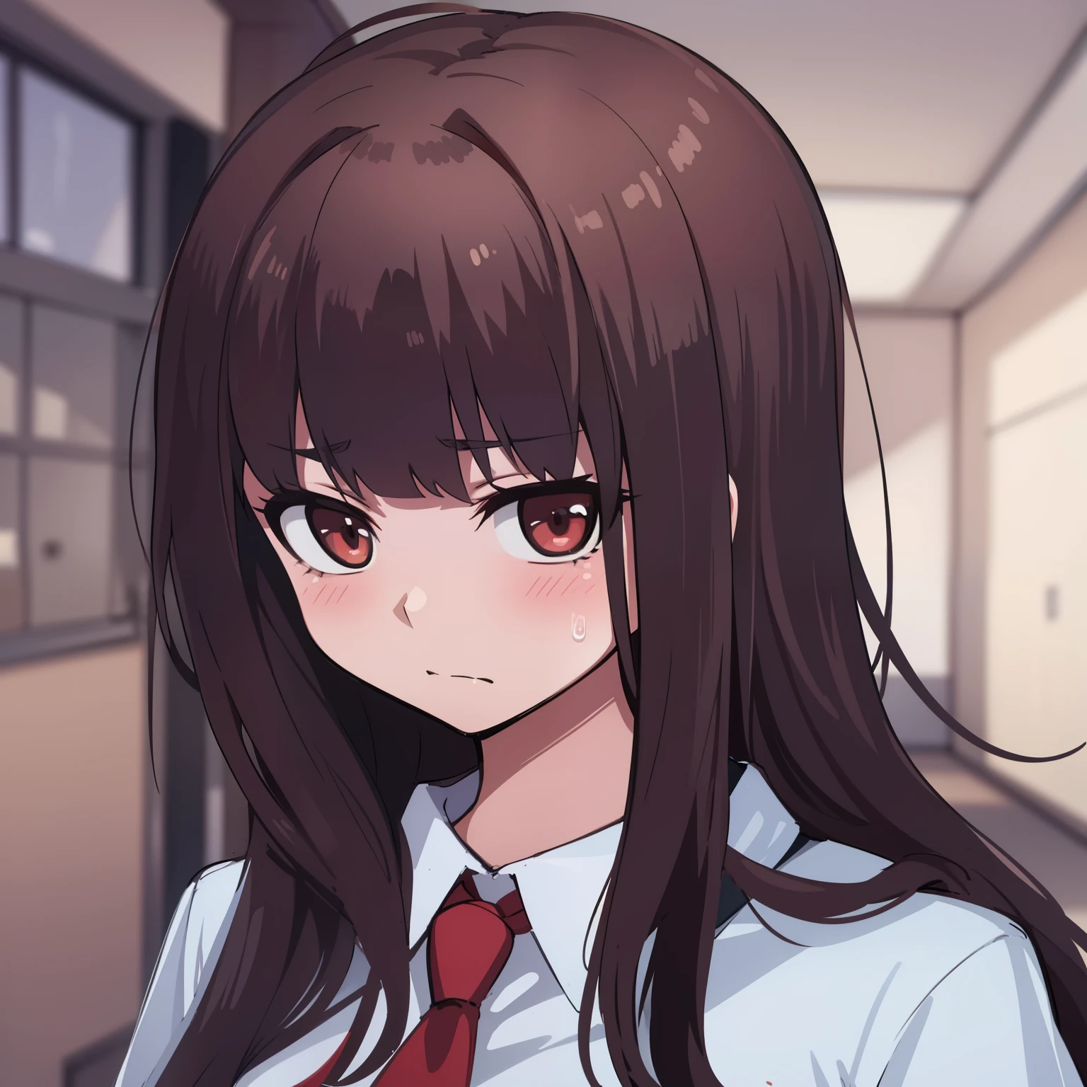 hiquality, tmasterpiece (one girls) Plaster on the face. loser. brown-hair. brown eye. sad face. school uniform with red tie. Against the background of the school corridor.