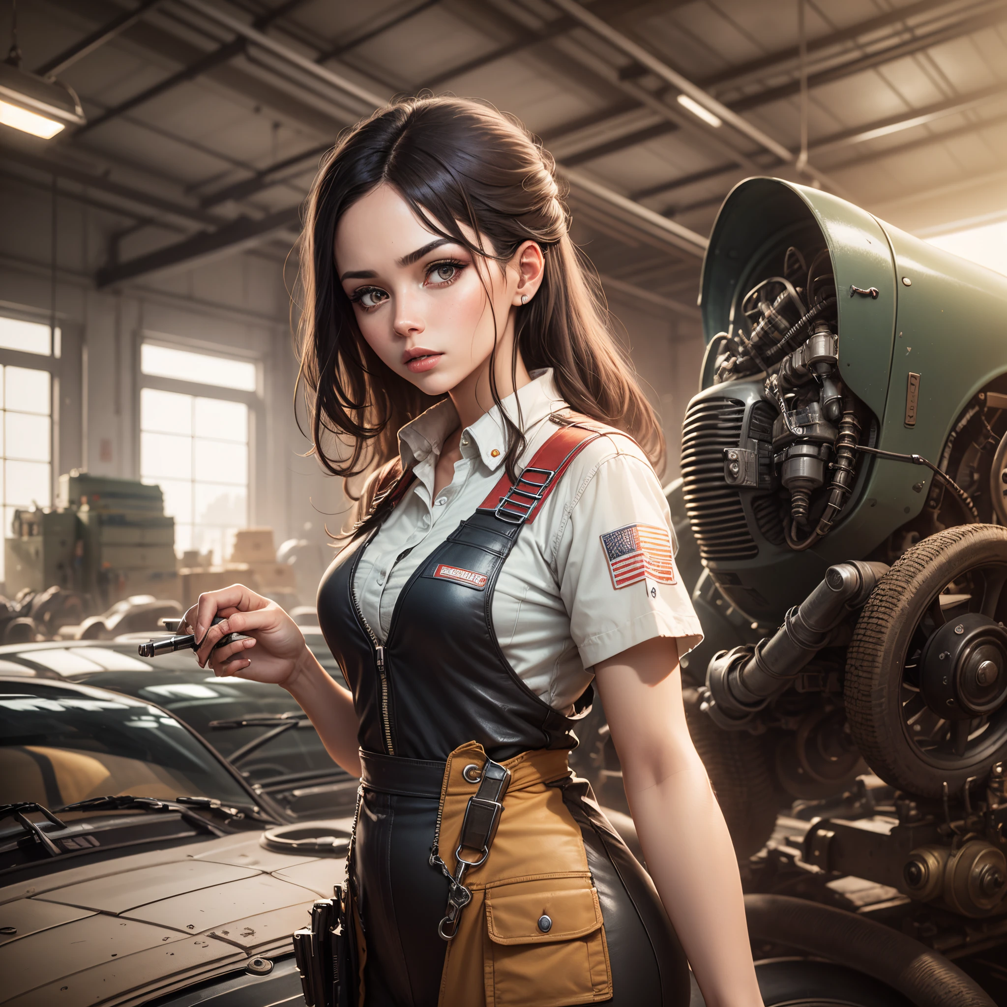female mechanic, dystopisan, garage, desert background, vintage car --auto --s2