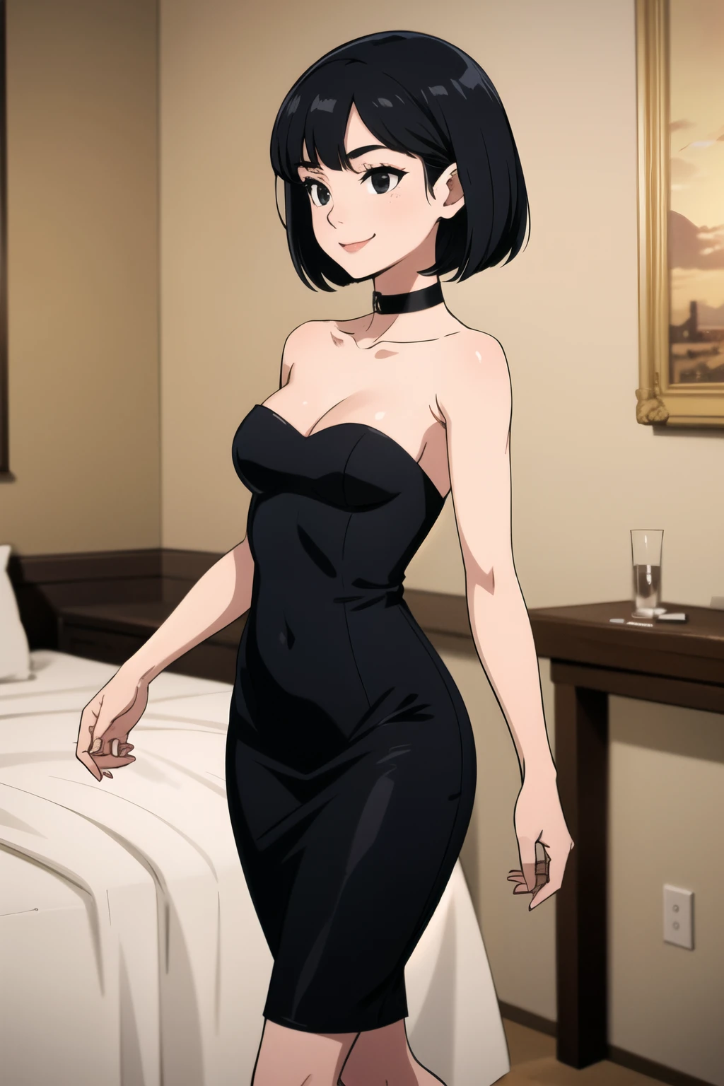 1 girl, solo, teenage, black hair, short black hair, bob hair, black eyes, little black dress, strapless black dress, skin-tight dress, smile, medium breast, black choker, fancy hotel, sexy, masterpiece, high quality, Standing