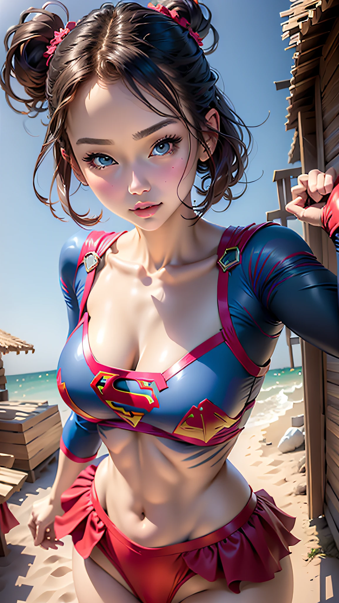 ((realisitic))、Beautiful woman short hair、wearing Supergirl cosplay、Big breasts