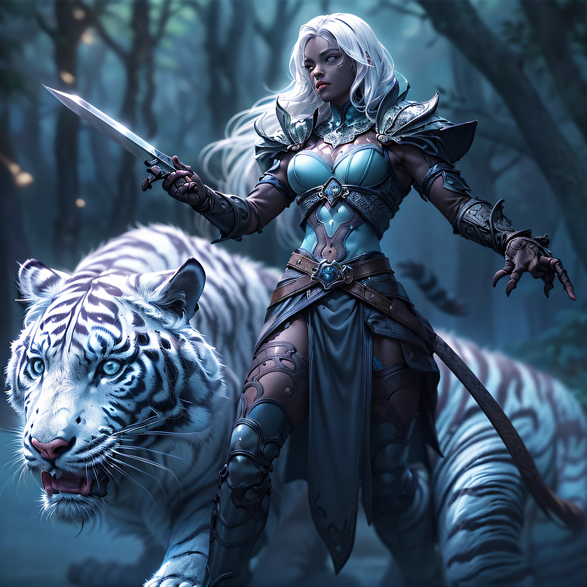 high details, best quality, 16k, [Ultra detailed], masterpiece, best quality, (extremely detailed), dynamic angle, ultra wide shot, RAW, photorealistic, fantasy art, RPG art, realistic art, a wide angle picture of an epic female drow ranger and her pet (white tiger: 1.3),  warrior of nature, fighter of nature, full body, [[anatomically correct]] full body (intricate details, Masterpiece, best quality: 1.5) talking to am epic (white tiger: 1.3) (intricate details, Masterpiece, best quality: 1.6) armed with an epic magical sword  (intricate details, Masterpiece, best quality: 1.5) epic magical sword fantasysword sword, glowing in blue light , in dark forest ( intricate details, Masterpiece, best quality: 1.4), a female beautiful epic drow wearing leather armor (intricate details, Masterpiece, best quality: 1.5), leather boots, thick hair, long hair, white hair, black skin intense eyes, forest  background (intense details), moon light, stars light, clouds (intricate details, Masterpiece, best quality: 1.5), dynamic angle, (intricate details, Masterpiece, best quality: 1.3), high details, best quality, highres, ultra wide angle