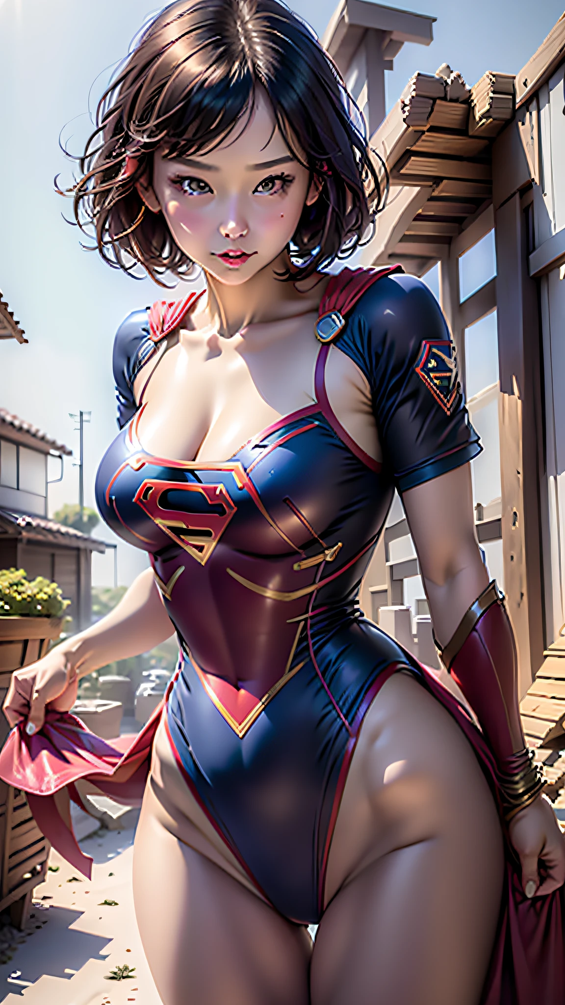 ((realisitic))、Beautiful woman short hair、wearing Supergirl cosplay、Big breasts