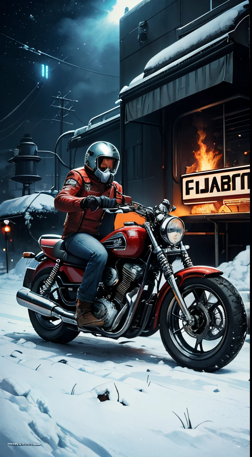 Science Fiction,Sci-Fi Movies,Retro, Motor cycle,Based on the Movie Foundation ,Retro, scramble-style, 500cc engine, double mufflers,rebel,chaotic,future world,world of socialism,snow,chaos