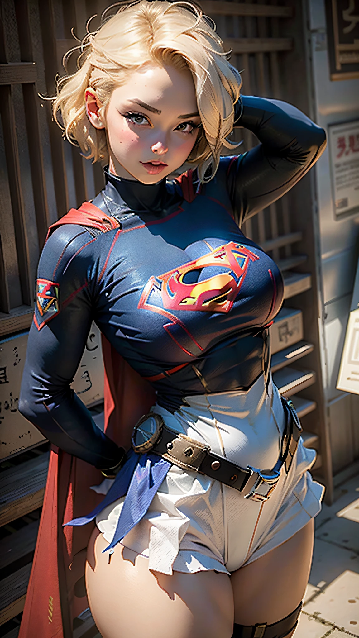 ((realisitic))、Beautiful woman short hair、wearing Supergirl cosplay、Big breasts