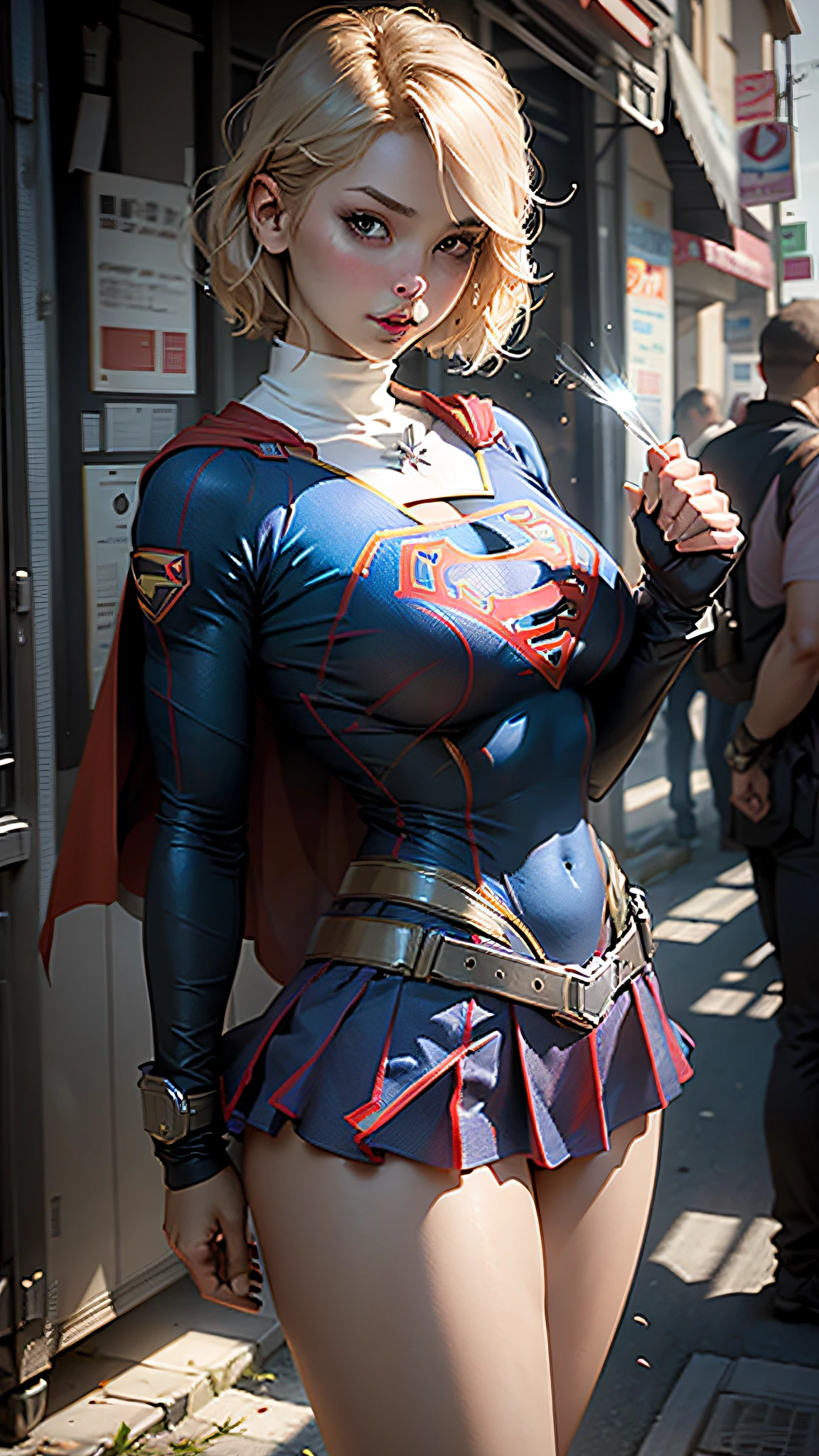 ((realisitic))、Beautiful woman short hair、wearing Supergirl cosplay、Big breasts