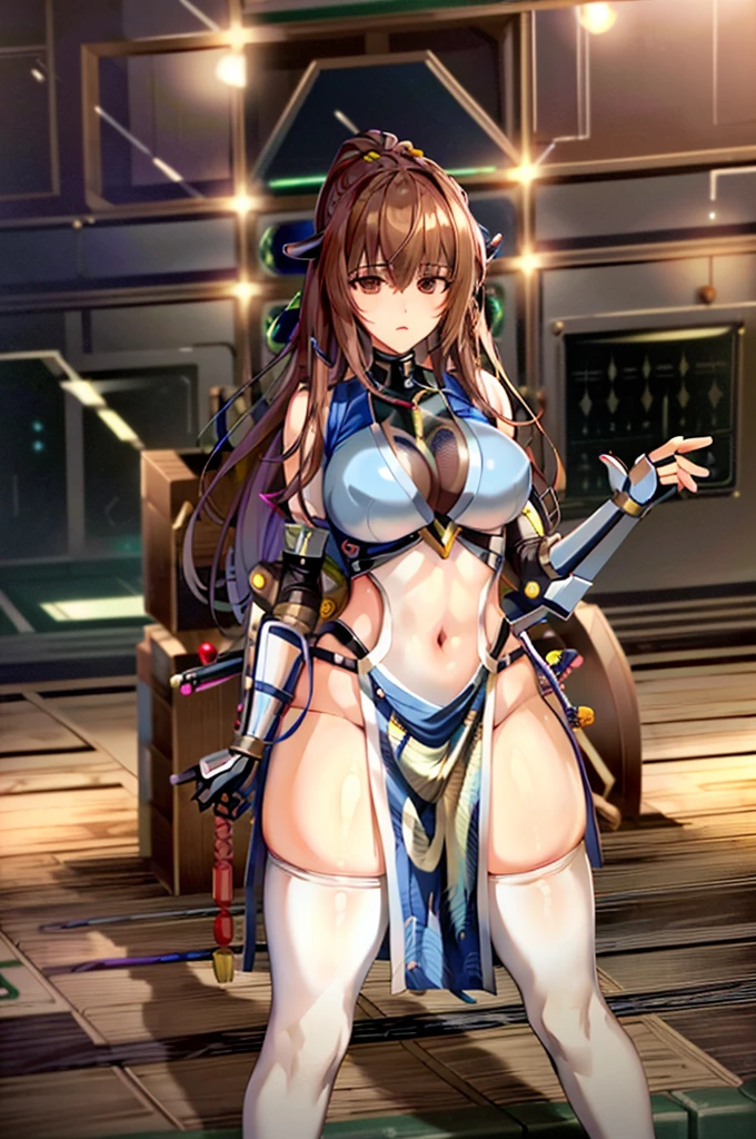 (masterpiece, best quality:1.3)
KasumiDOA, 1girl, solo, long hair, breasts, looking at viewer, bangs, large breasts, brown hair, thighhighs, dress, ribbon, cleavage, brown eyes, medium breasts, underwear, standing, panties, hair ribbon, braid, short sleeves, cowboy shot, japanese clothes, puffy sleeves, white thighhighs, puffy short sleeves, lips, sash, pelvic curtain, yellow ribbon, realistic, nose, arm guards, kote,hypnoLora,
empty eyes,Upright Pose,(Inside a futuristic and complex operational command center:1.6)