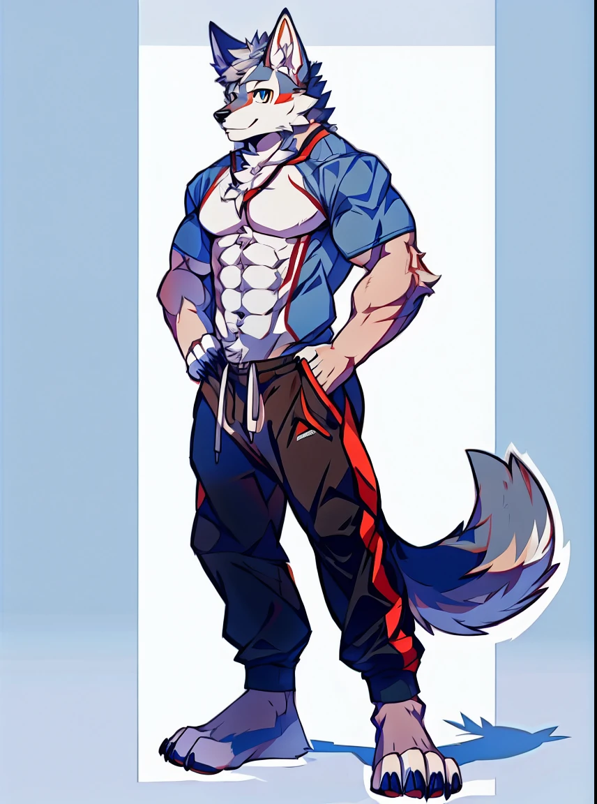 Human-wolf，Muscular，Full Body Furry，paws with claws，pass upright，The upper body is naked，Short sweatpants