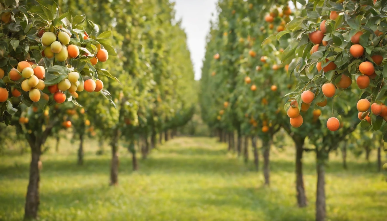 a lot of beautiful tall tress with fruits everywhere in a very beautiful garden.