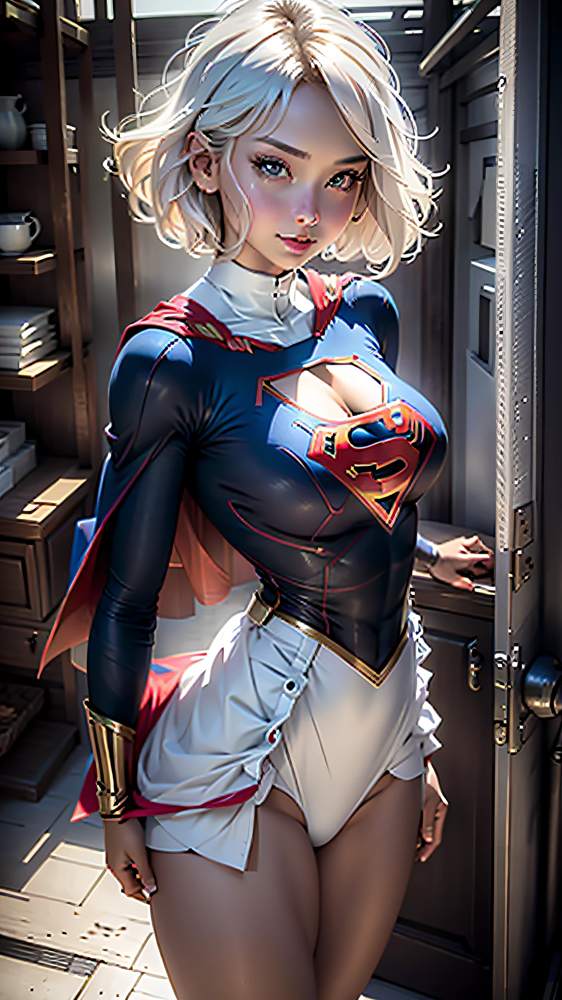 ((realisitic))、Beautiful woman short hair、wearing Supergirl cosplay、Big breasts