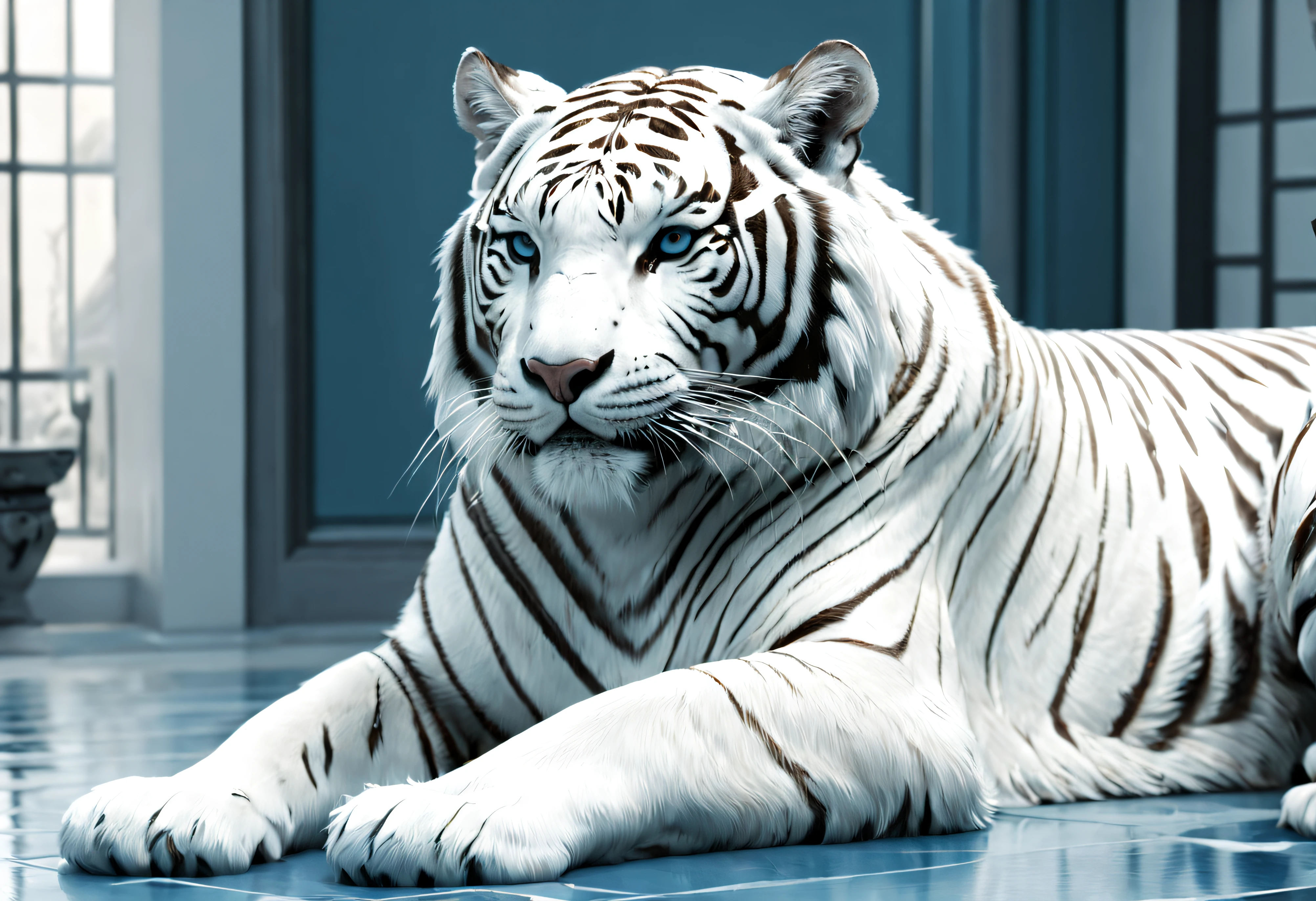 (Best quality at best,4K,Super quality,very refined,super complex,tmasterpiece),(( White tiger turns over his belly and acts coquettishly)),(Correct anatomy),Clear facial features,Interior design space decorated in white marine style
