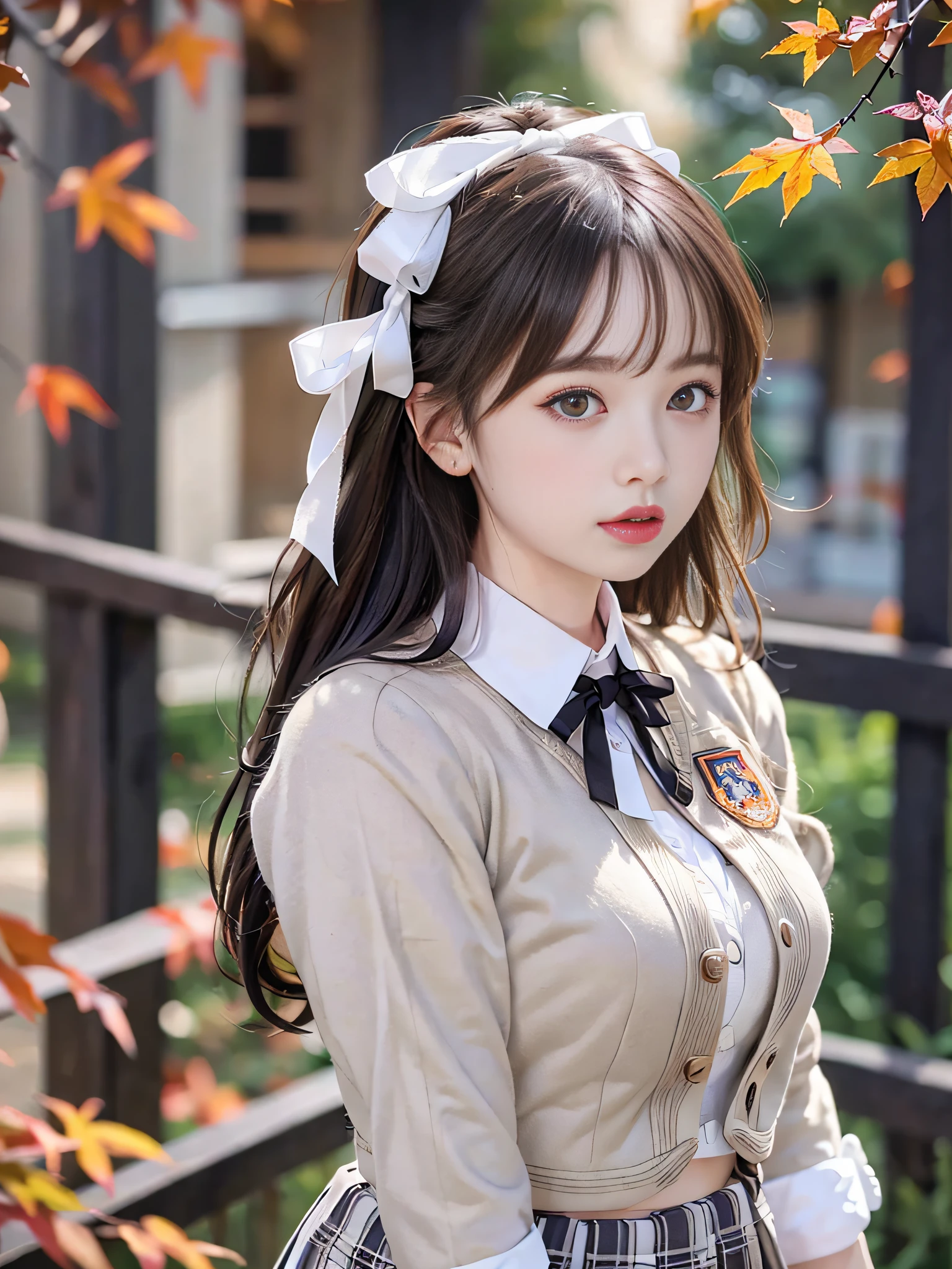 Original image quality、8K分辨率、Ultra HD CG images、autumn leaves at night🍁、rays of moonlight、Beautiful girl of 16 years old、Eyes are delicate and beautiful。(Double ponytailed black hair:1.4), (White ribbon holds hair in place:1.4), (Platinum silver accessories:1.4)、(White school uniform:1.4)、(big chest and thin waist)、(a purple eye:1.3), (Radiant Eyes)、Colossal tits、thin flag、depth of fields、On a table、Huang Li、24K graphic arts、Well-drawn background、Have a deep composition、