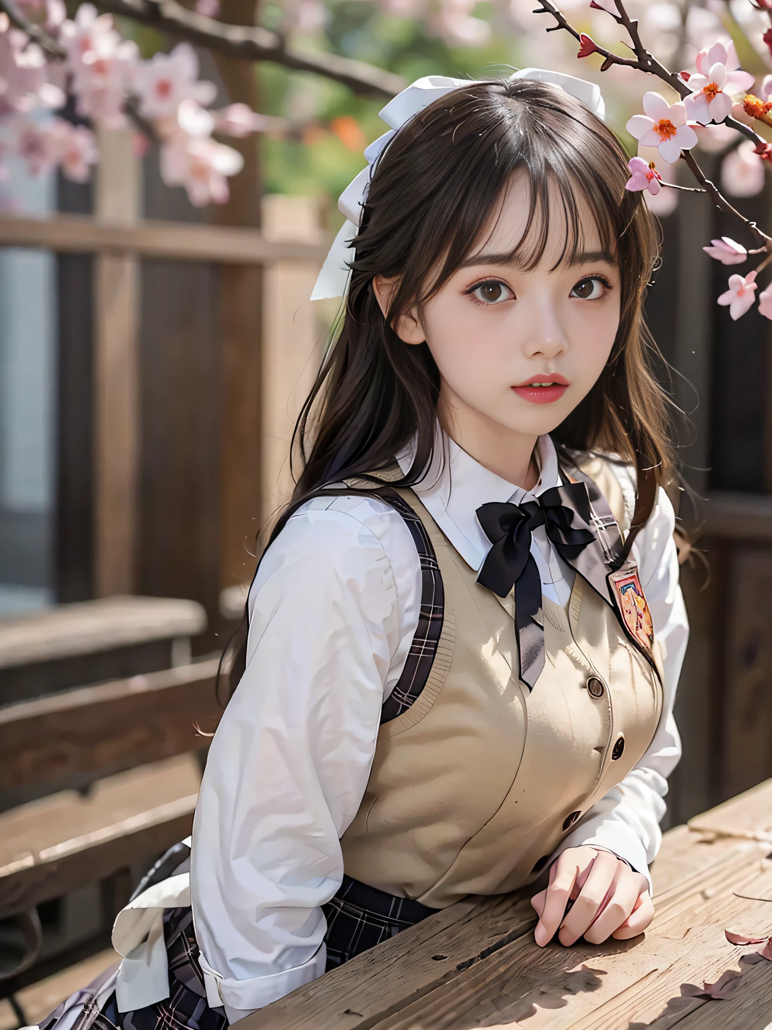 Original image quality、8K分辨率、Ultra HD CG images、autumn leaves at night🍁、rays of moonlight、Beautiful girl of 16 years old、Eyes are delicate and beautiful。(Double ponytailed black hair:1.4), (White ribbon holds hair in place:1.4), (Platinum silver accessories:1.4)、(White school uniform:1.4)、(big chest and thin waist)、(a purple eye:1.3), (Radiant Eyes)、Colossal tits、thin flag、depth of fields、On a table、Huang Li、24K graphic arts、Well-drawn background、Have a deep composition、