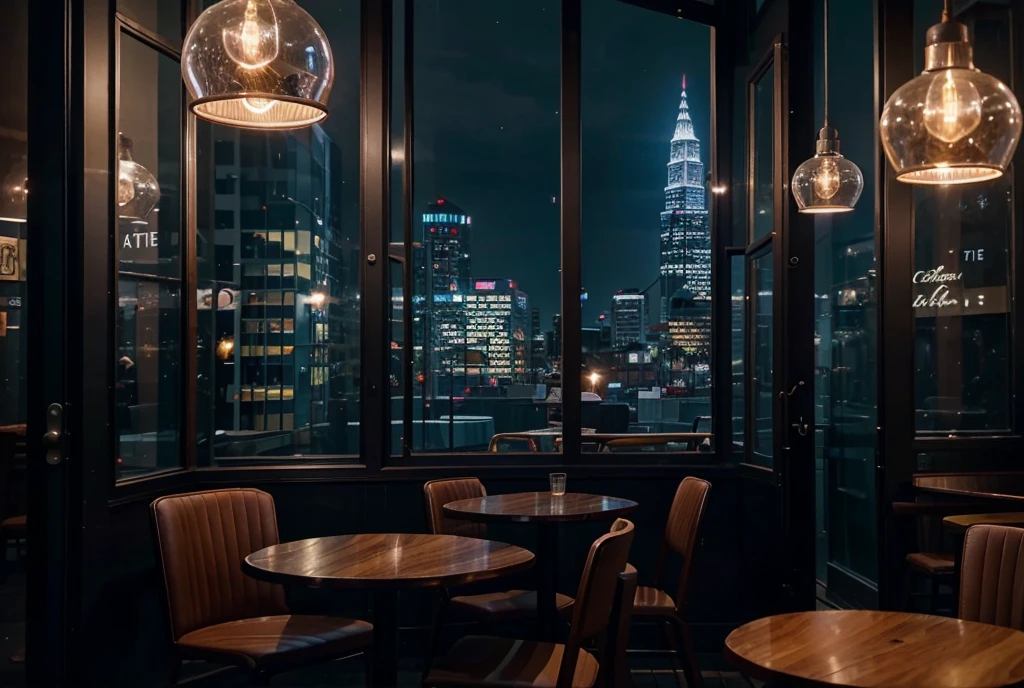 Cafe, Aesthetic cafe, Inside the cafe, View from inside the cafe, Outside the cafe at night, Bright lights, Very detailed cafe, Quiet and calm atmosphere, The cafe is on top of a tall building, views of the city night sky, city lights,