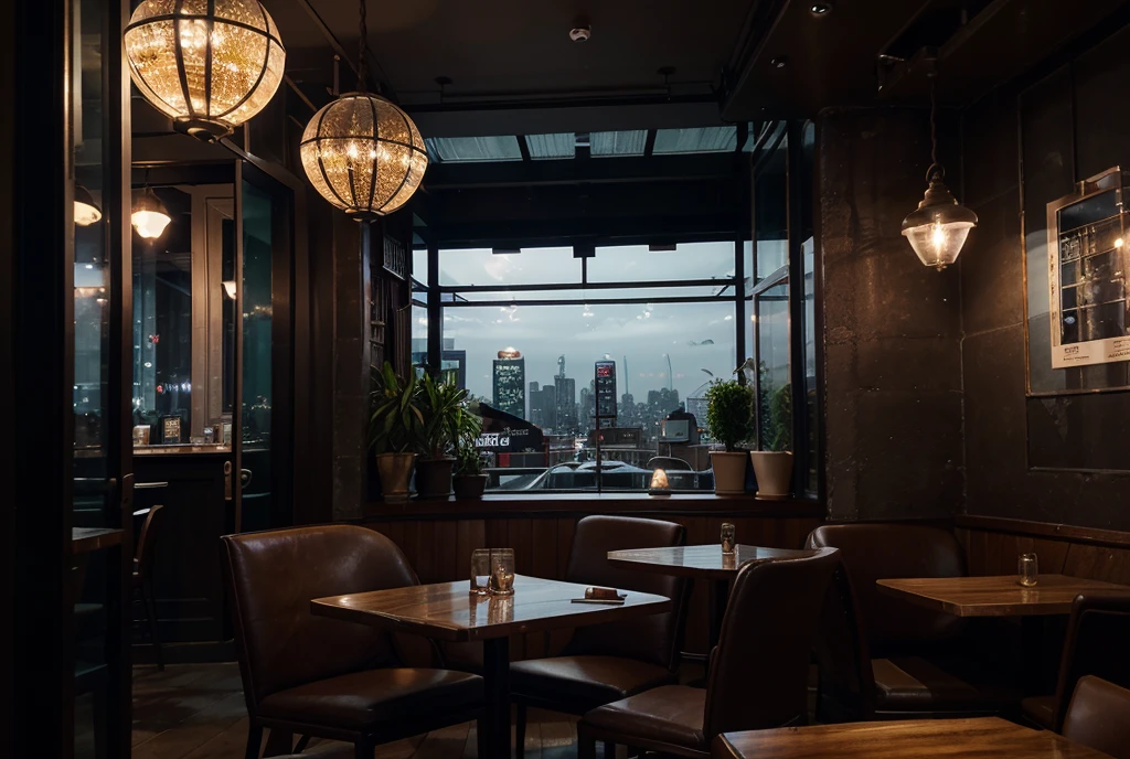 Cafe, Aesthetic cafe, Inside the cafe, View from inside the cafe, Outside the cafe at night, Bright lights, Very detailed cafe, Quiet and calm atmosphere, The cafe is on top of a tall building, views of the city night sky, city lights,