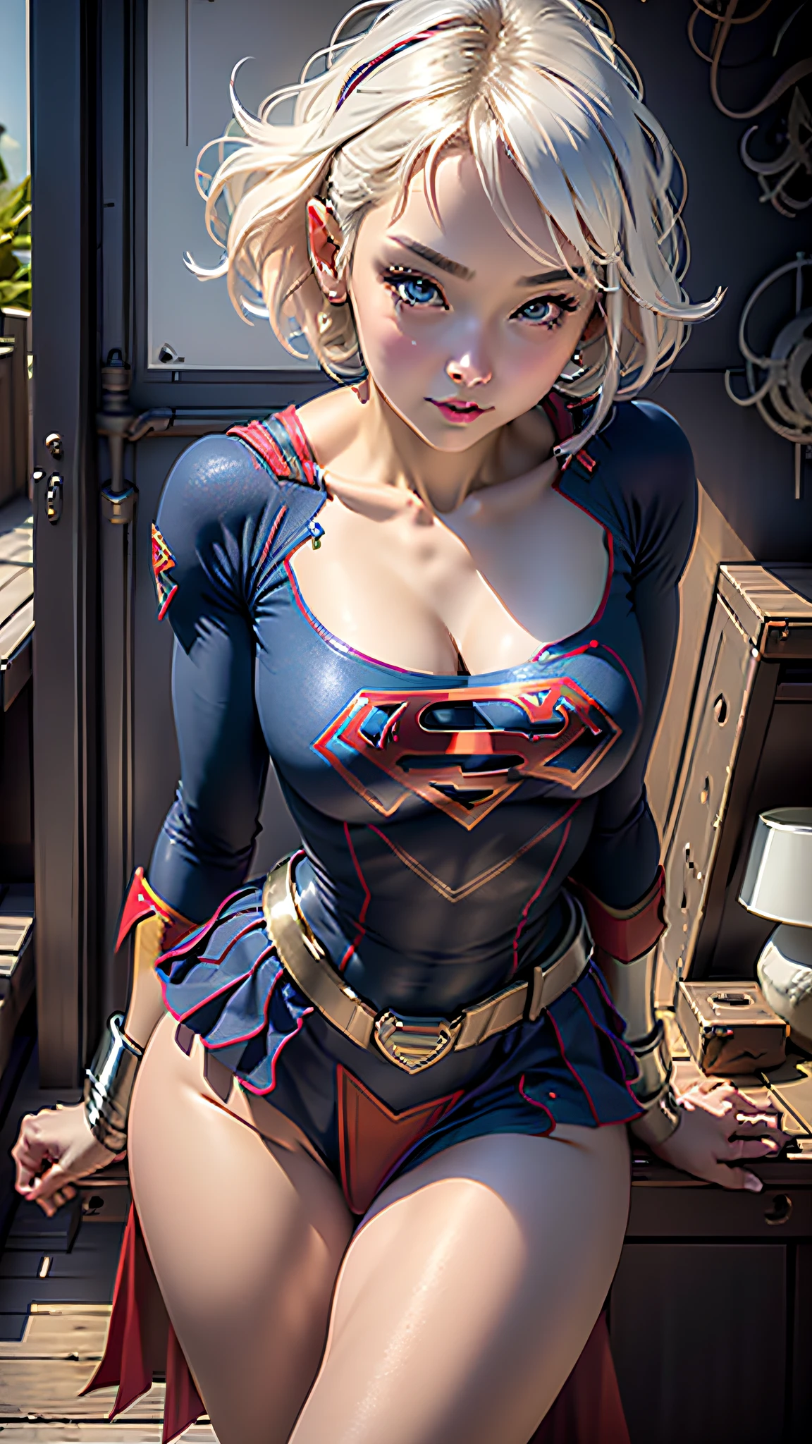 ((realisitic))、Beautiful woman short hair、wearing Supergirl cosplay、Big breasts