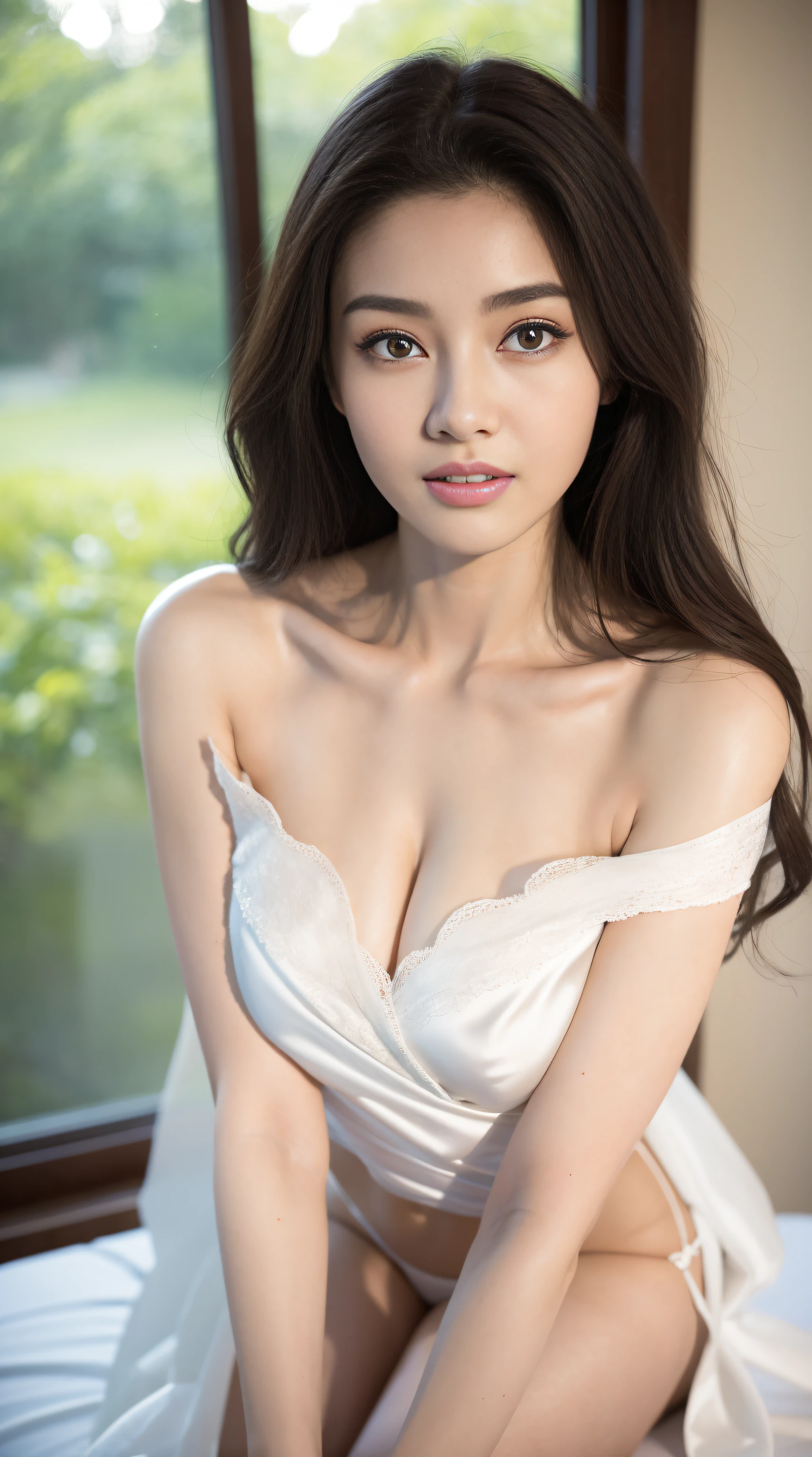 one-girl，a fashion model，18yr old，[[[[Close-up cleavage]]]], [[[[climaxing]]]], [[[[Cole]]]], [[[[bshoulder]]]], perfect  eyes, Perfect iris，perfect lips，perfect teeth，Perfect Skin，with fair skin，HighDynamicRange，Movie Girl，(delicated face)，(Highly defined faces)，（White under underwear），(Raised sexy)，(Long hair with a shawl)，Bedrooms，（kneeling on a bed），（Beautiful curves,Slim,Attractions），green trees outside the window，fresh flowers，4K Ultra HD, 超高分辨率, (realistically: 1.4), Best quality，tmasterpiece，（pastel colour：1.2）