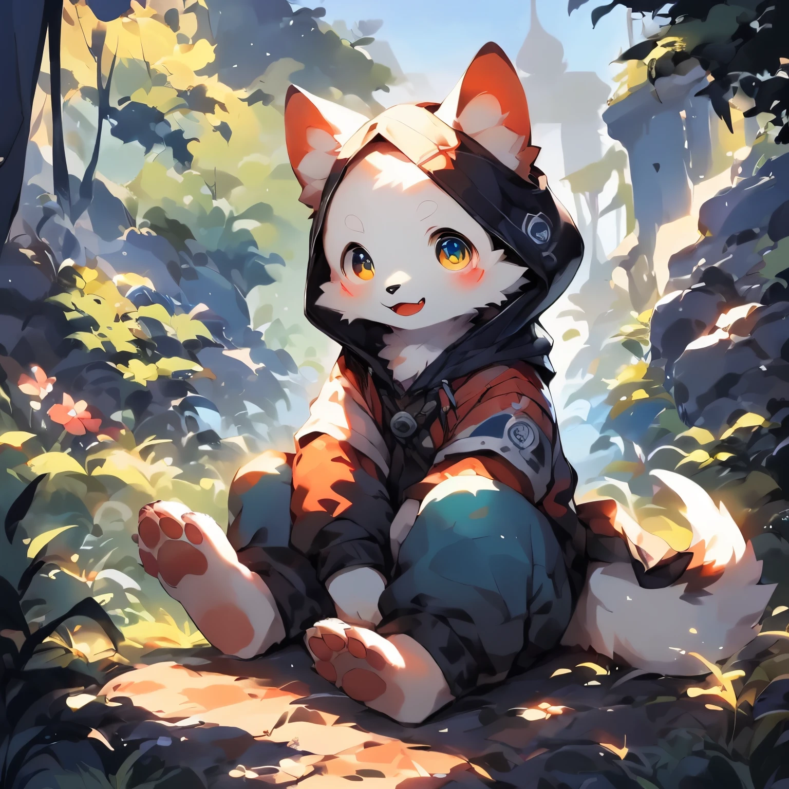 nj5furry, Dragon, Sitting, Hoodie, Nature, Male, cheerfulness, White fur, White body,,by Pino Daeni, canyne khai, milkytiger1145, Dagasi, Yupa, Tik,Cute and detailed digital art, Very very beautiful furry art, Detailed fanart, high-quality wallpaper, furry fantasy art, Popular topics on artstation pixiv,