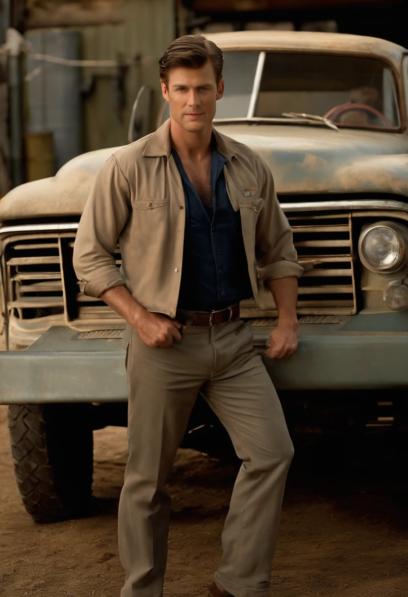 A photo of Jim standing in front of a vintage pickup truck, holding a toolbox and wearing a grease-stained work shirt.,Gotham,Jim has very short brown hair, styled neatly. Wears a suit and tie, is a detective, famously portrayed by Ben McKenzie, male