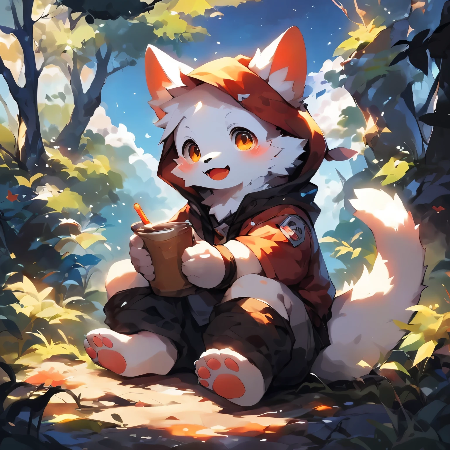 nj5furry, Dragon, Sitting, Hoodie, Nature, Male, cheerfulness, White fur, White body,,by Pino Daeni, canyne khai, milkytiger1145, Dagasi, Yupa, Tik,Cute and detailed digital art, Very very beautiful furry art, Detailed fanart, high-quality wallpaper, furry fantasy art, Popular topics on artstation pixiv,